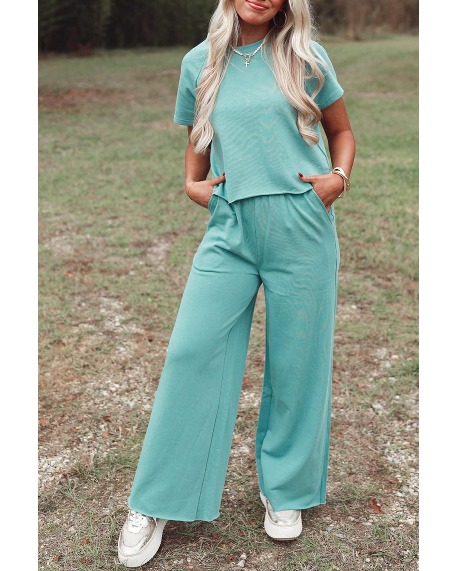 Mint Green Raglan Short Sleeve Tee and Wide Leg Pants Set - L