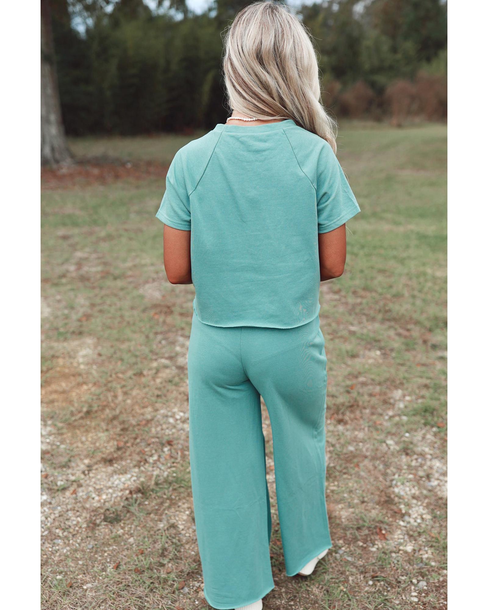 Mint Green Raglan Short Sleeve Tee and Wide Leg Pants Set - L