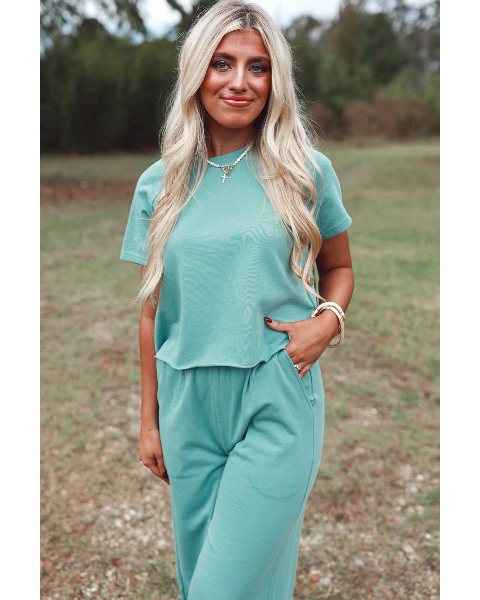 Mint Green Raglan Short Sleeve Tee and Wide Leg Pants Set - L