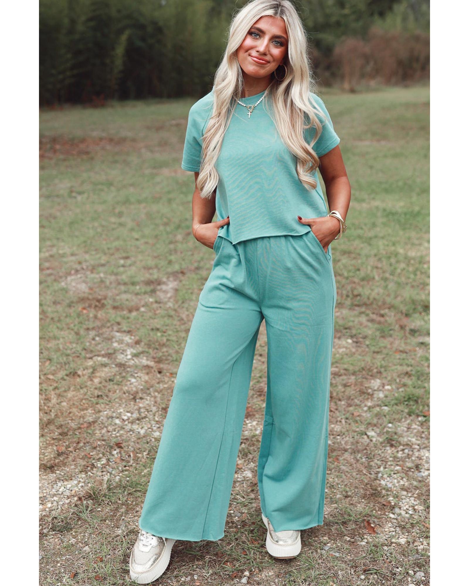 Mint Green Raglan Short Sleeve Tee and Wide Leg Pants Set - L