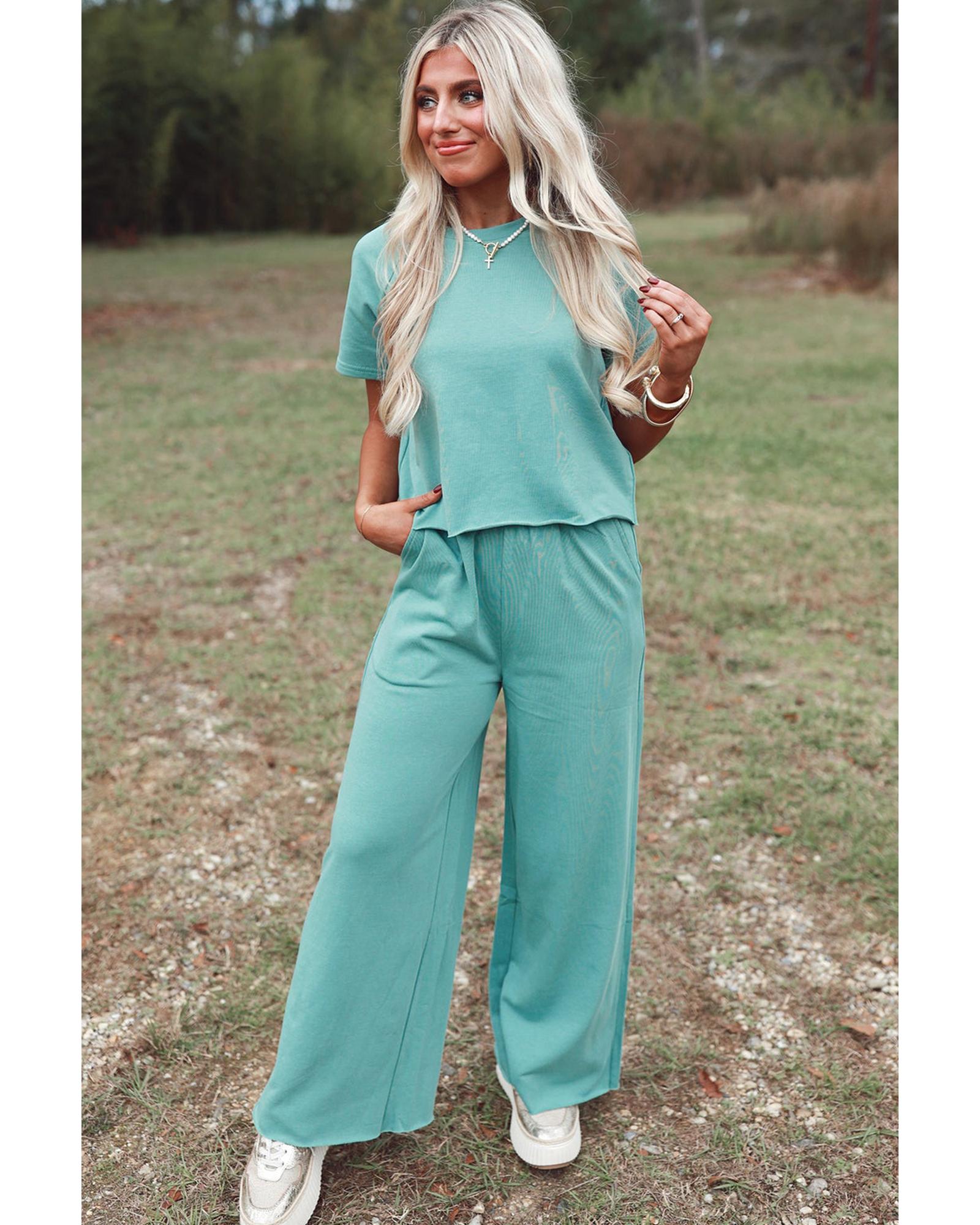 Mint Green Raglan Short Sleeve Tee and Wide Leg Pants Set - L