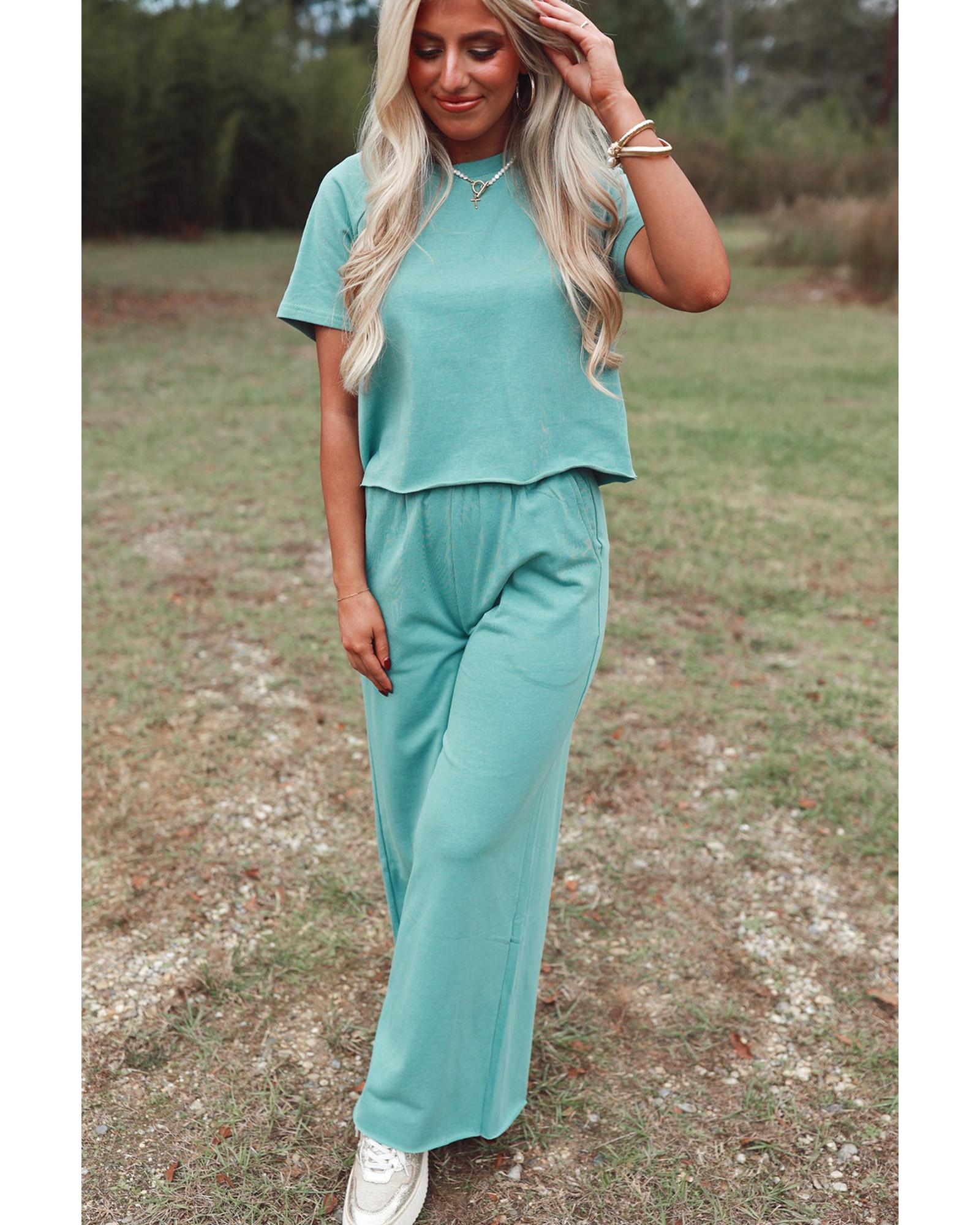 Mint Green Raglan Short Sleeve Tee and Wide Leg Pants Set - L
