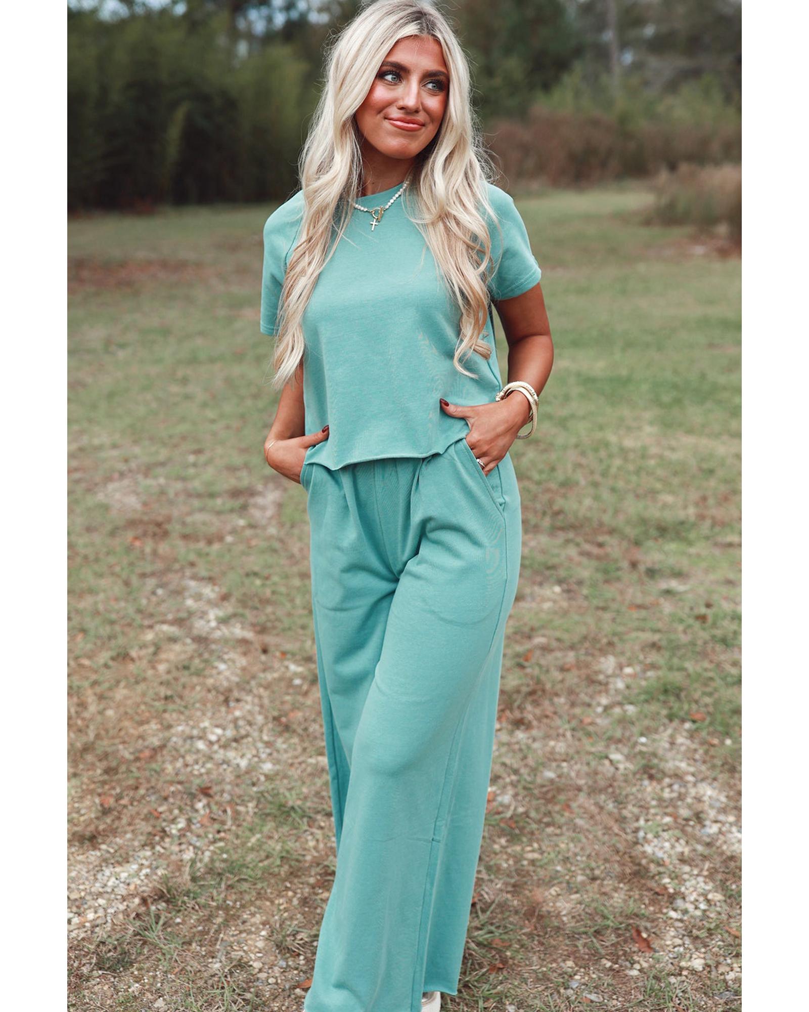 Mint Green Raglan Short Sleeve Tee and Wide Leg Pants Set - L