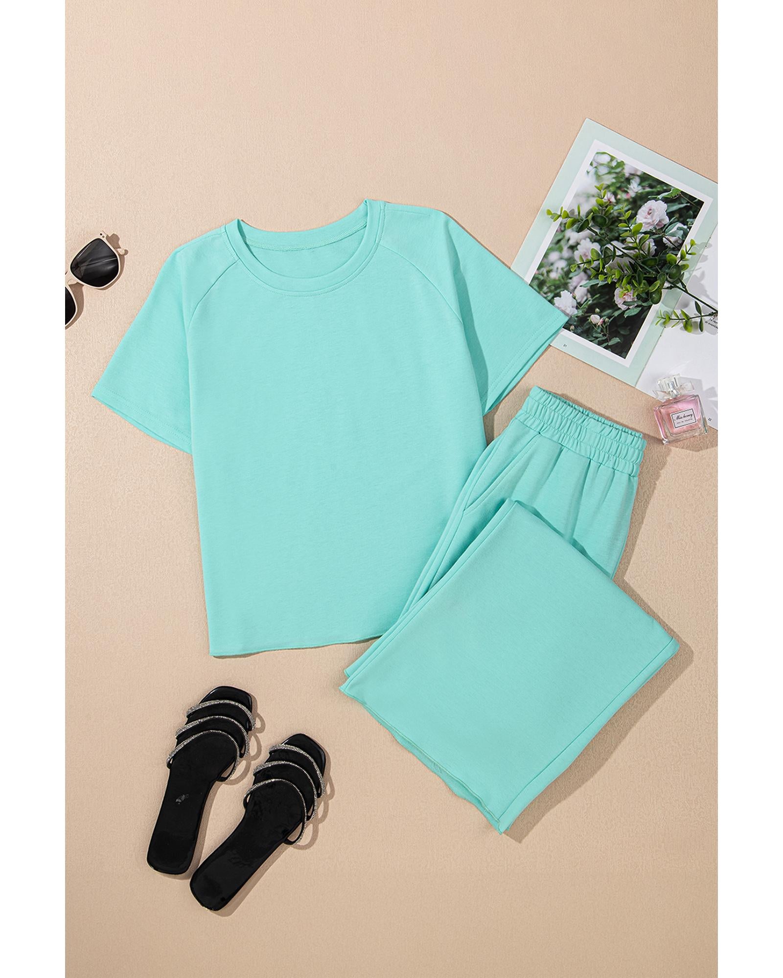 Mint Green Raglan Short Sleeve Tee and Wide Leg Pants Set - L