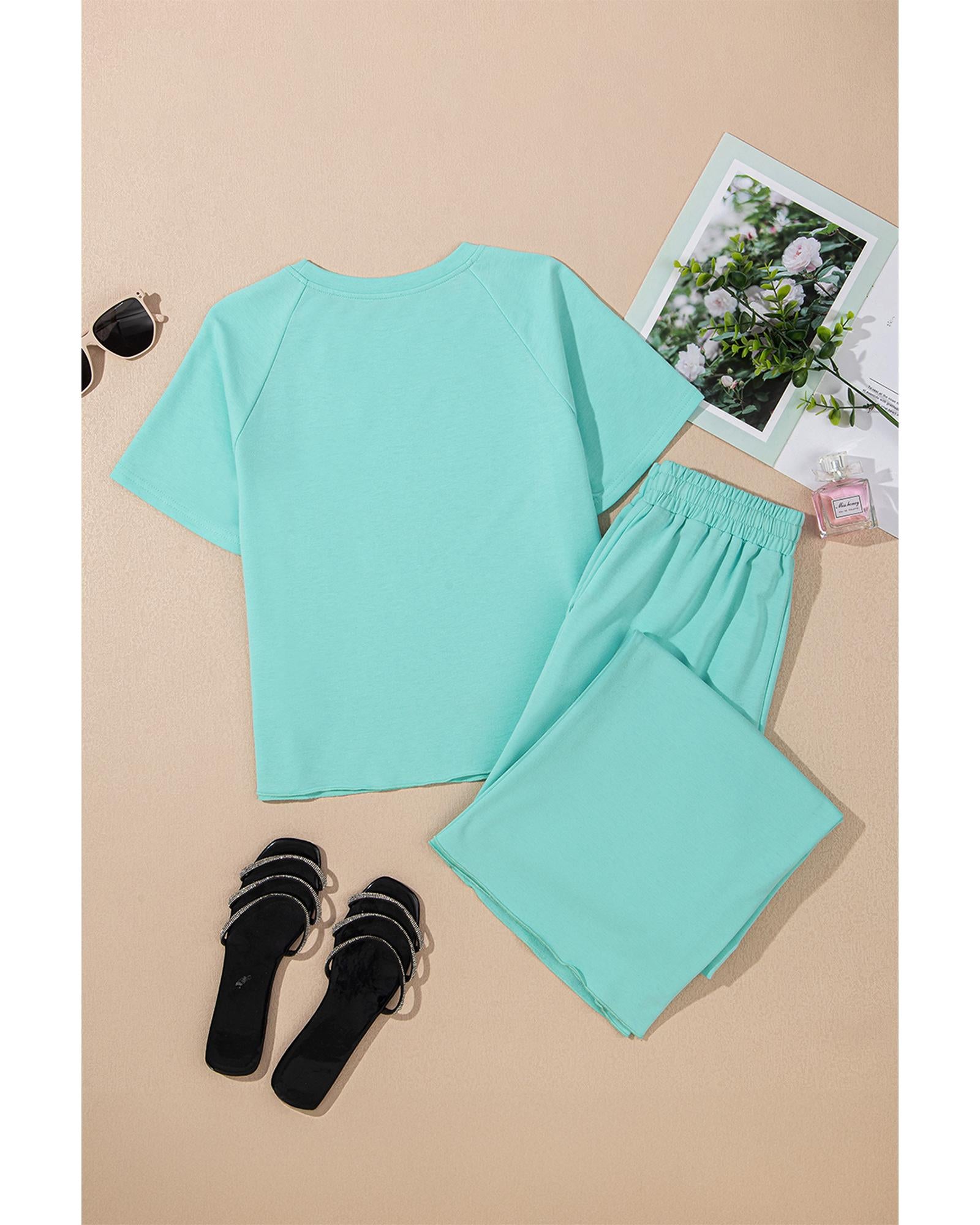 Mint Green Raglan Short Sleeve Tee and Wide Leg Pants Set - L