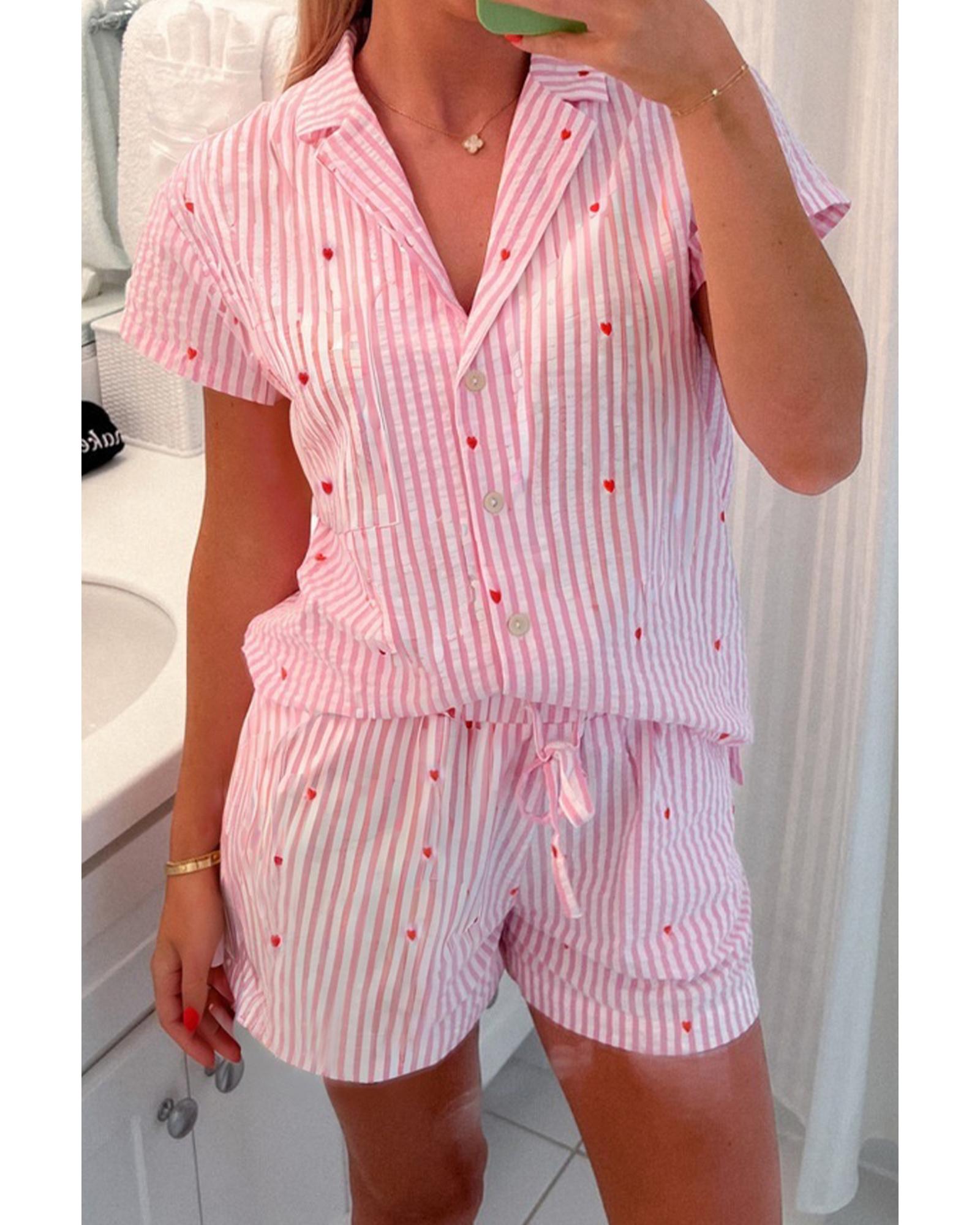 Pink Striped Tiny Hearts Printed Lapel Collar Shirt Style Short 2pcs Pajama Set - L