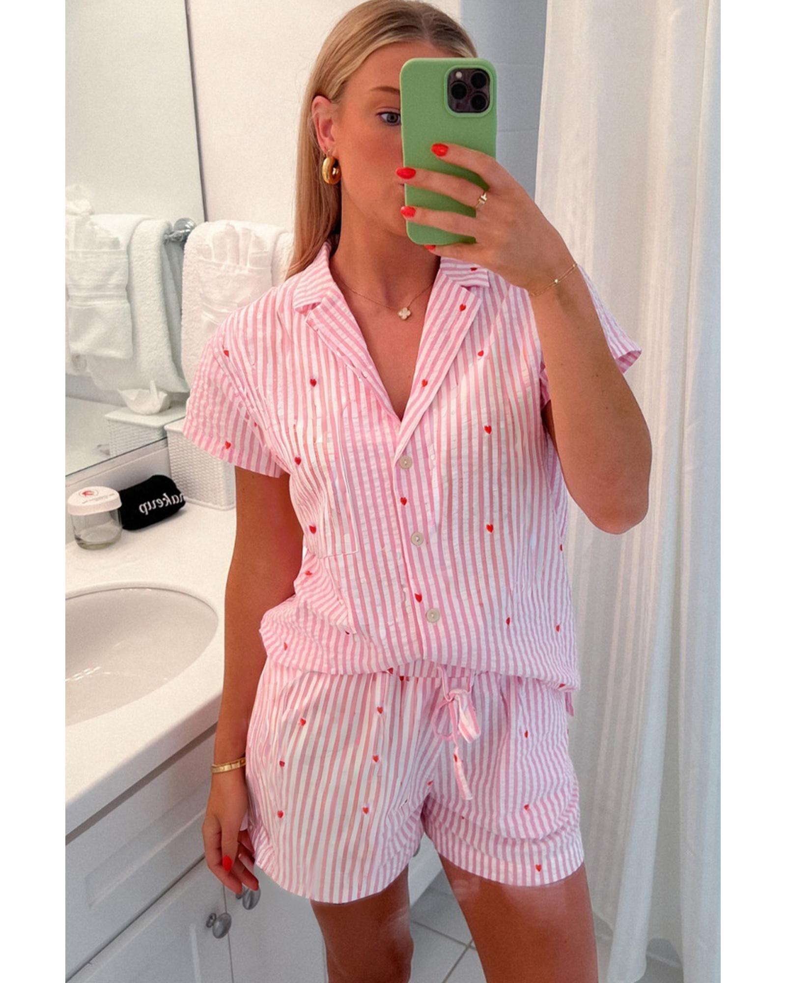 Pink Striped Tiny Hearts Printed Lapel Collar Shirt Style Short 2pcs Pajama Set - XL
