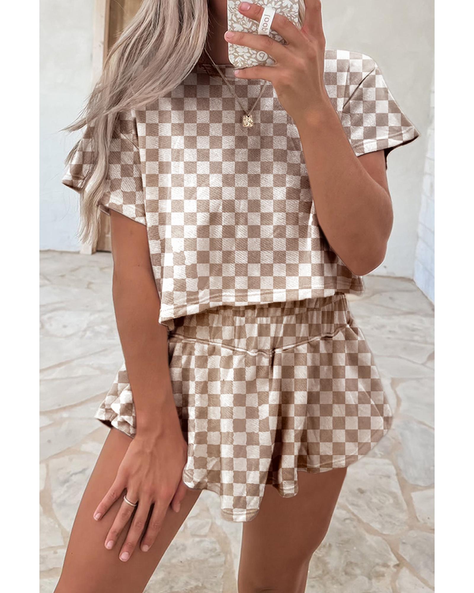 Brown Checkerboard T Shirt and High Waist Skorts 2 Piece Outfit - M