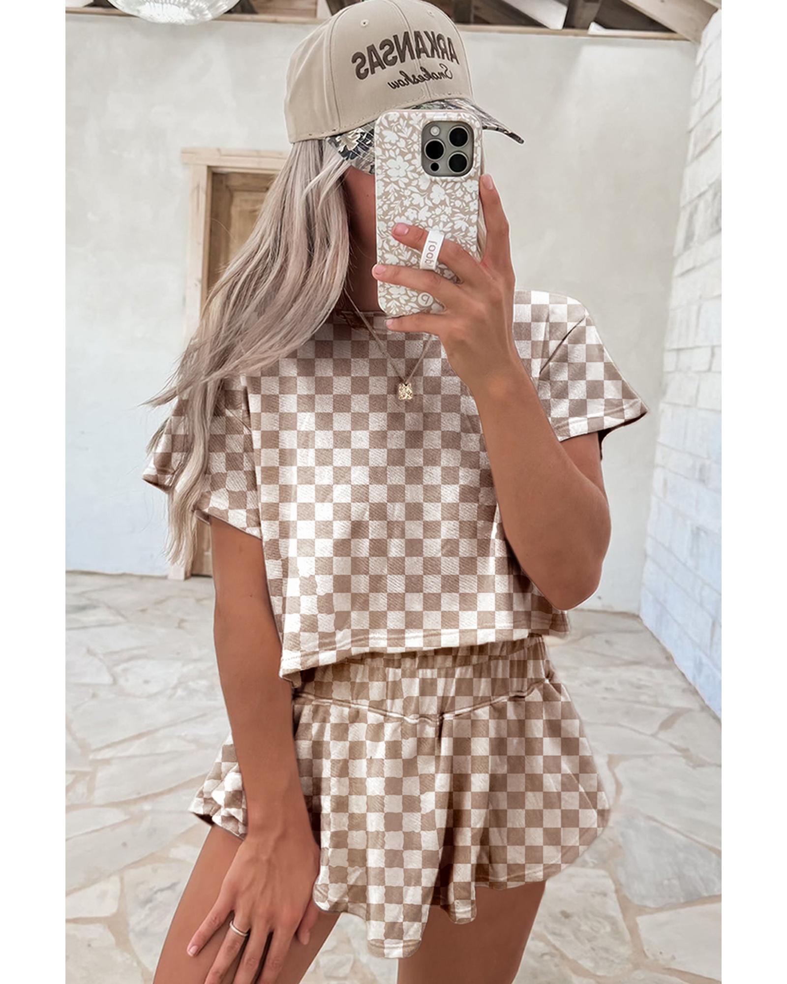 Brown Checkerboard T Shirt and High Waist Skorts 2 Piece Outfit - M