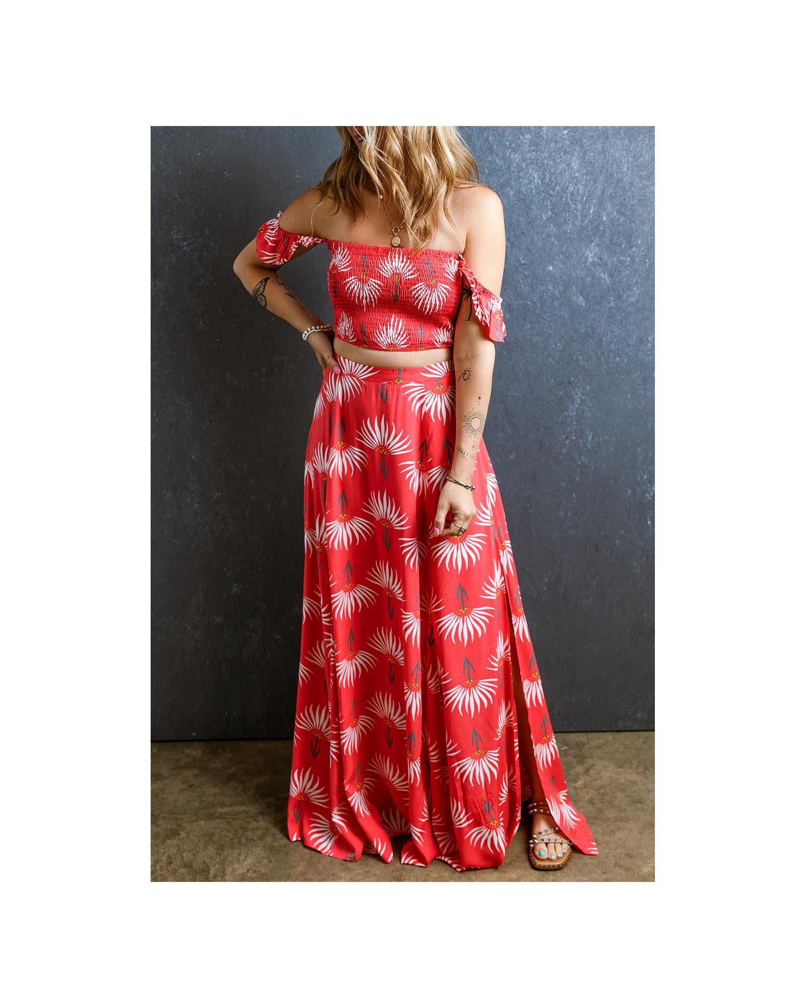 Red Floral Shirred Off Shoulder Crop Top and Slit Maxi Skirt Set - M
