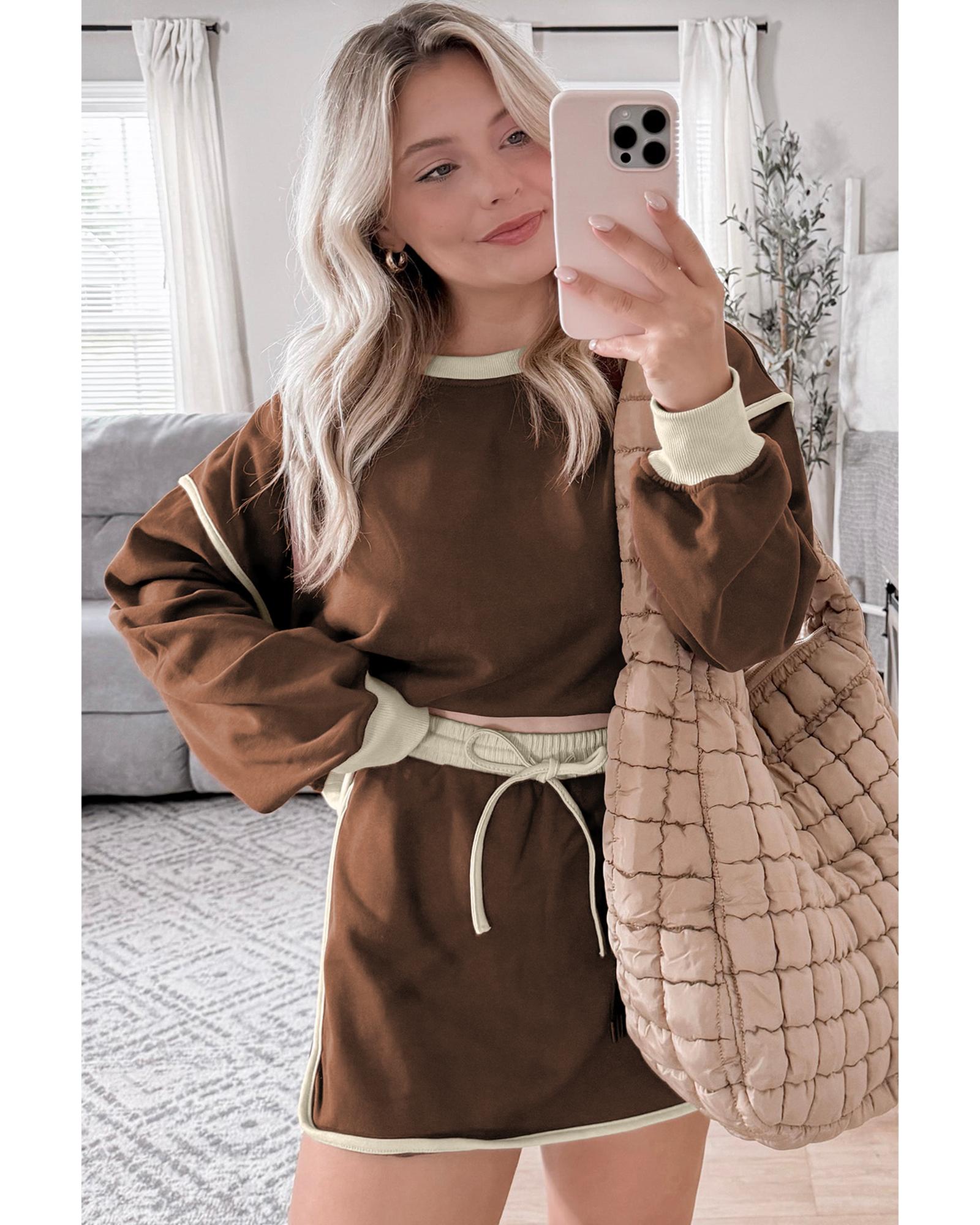 Coffee Color Contrast Loose Pullover and Lace-up Waist Skort Set - L