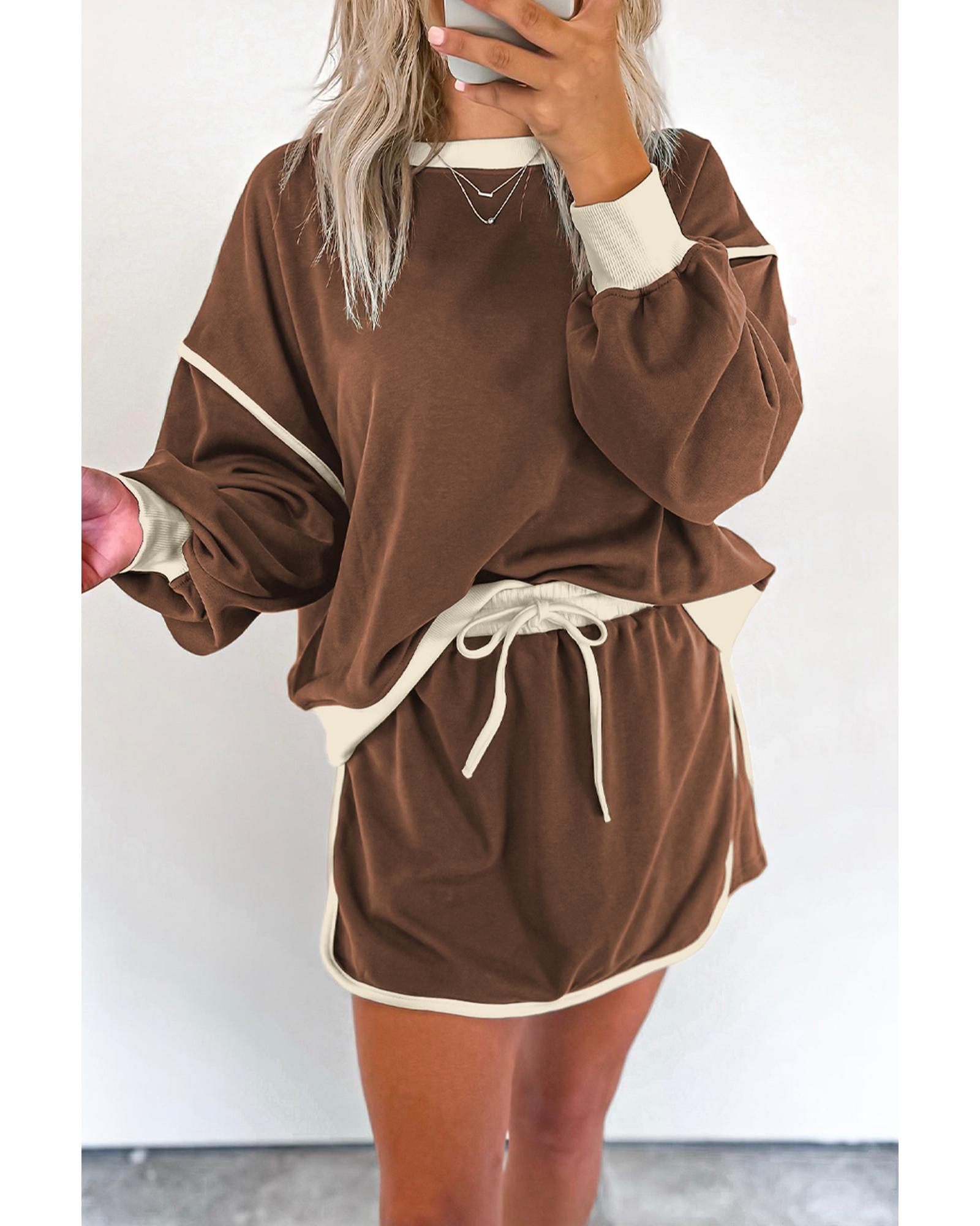 Coffee Color Contrast Loose Pullover and Lace-up Waist Skort Set - XL