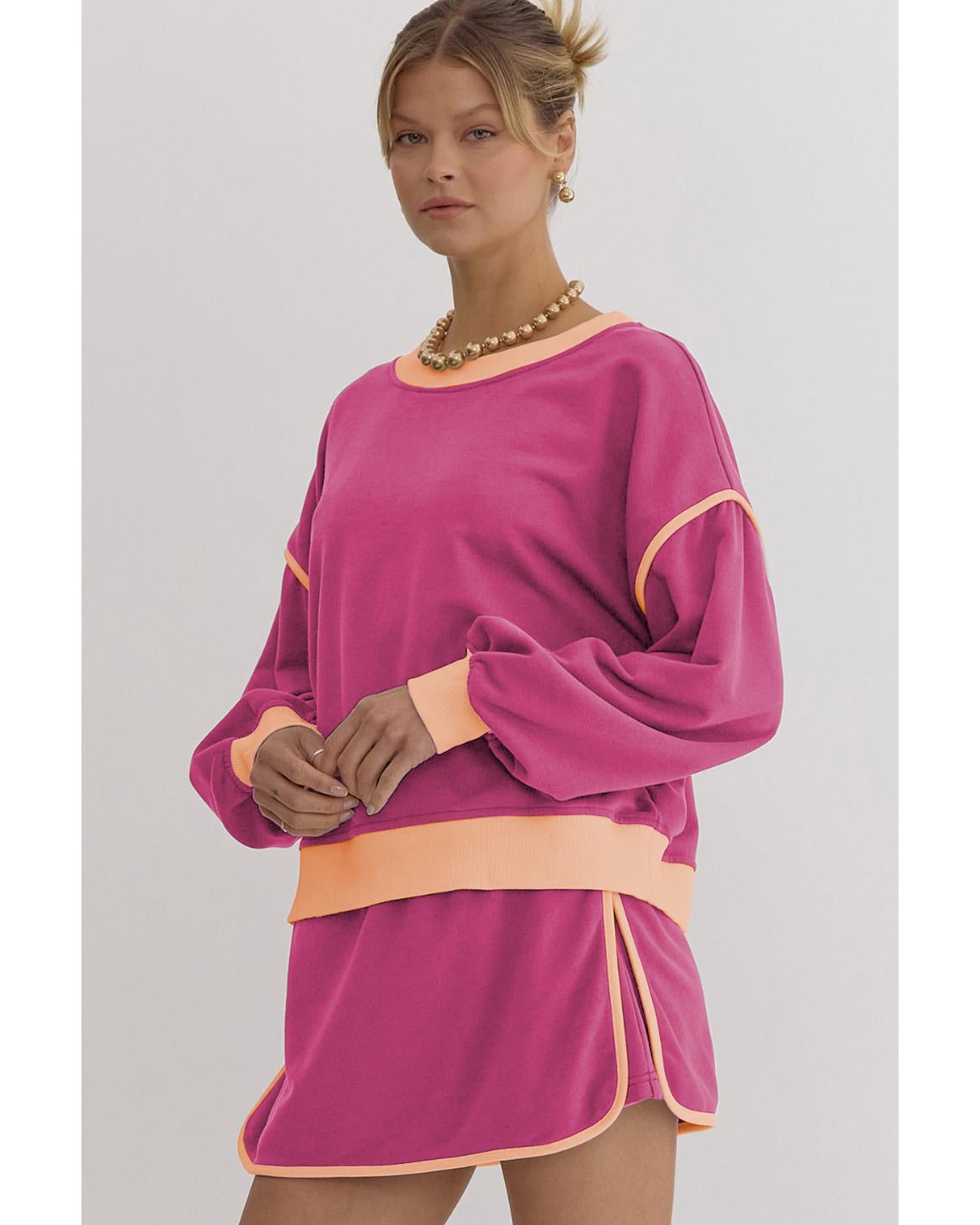 Rose Red Color Contrast Loose Pullover and Lace-up Waist Skort Set - S