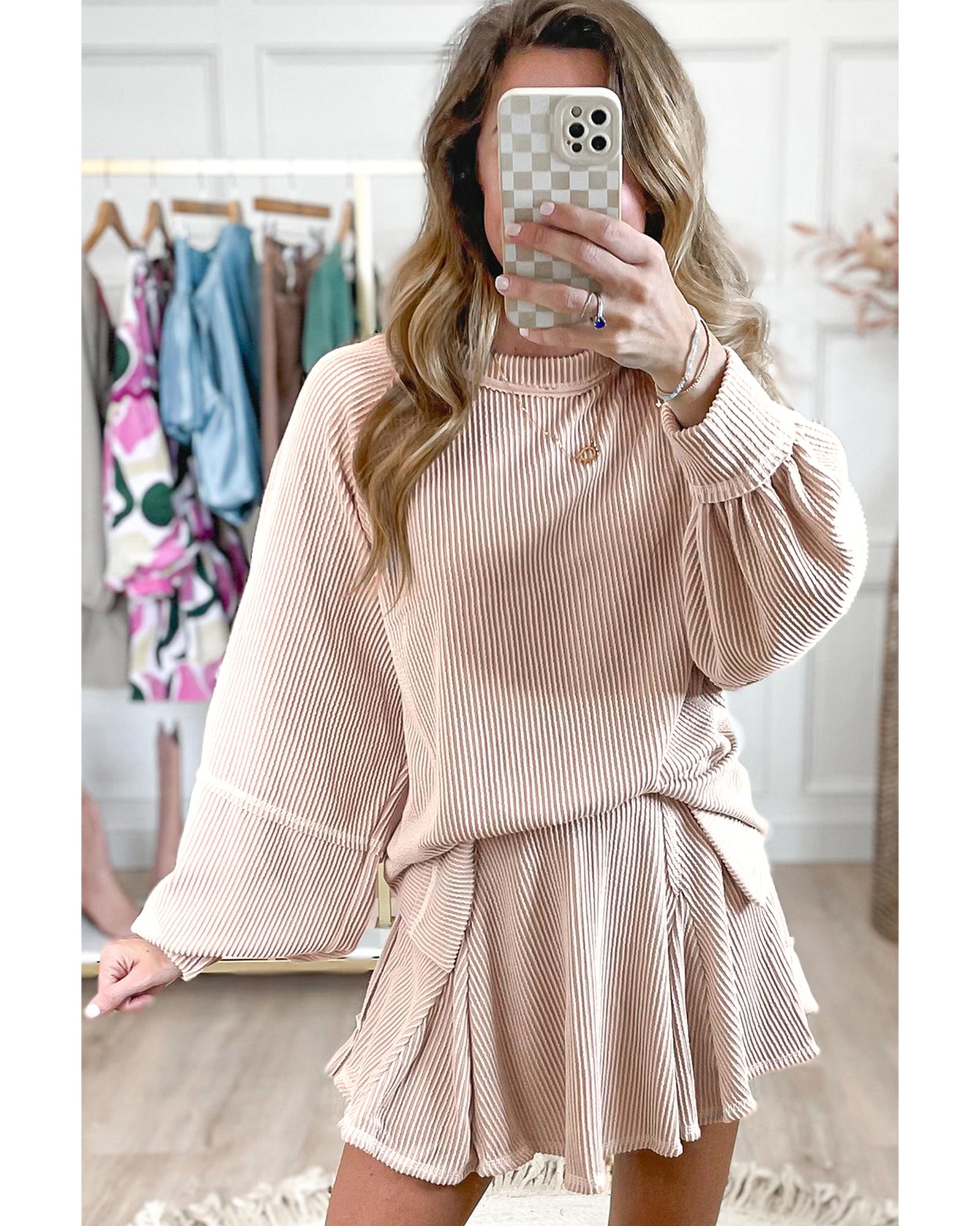 Jet Stream Corded Lantern Sleeve Top High Waist Ruffled Mini Skirt Set - M