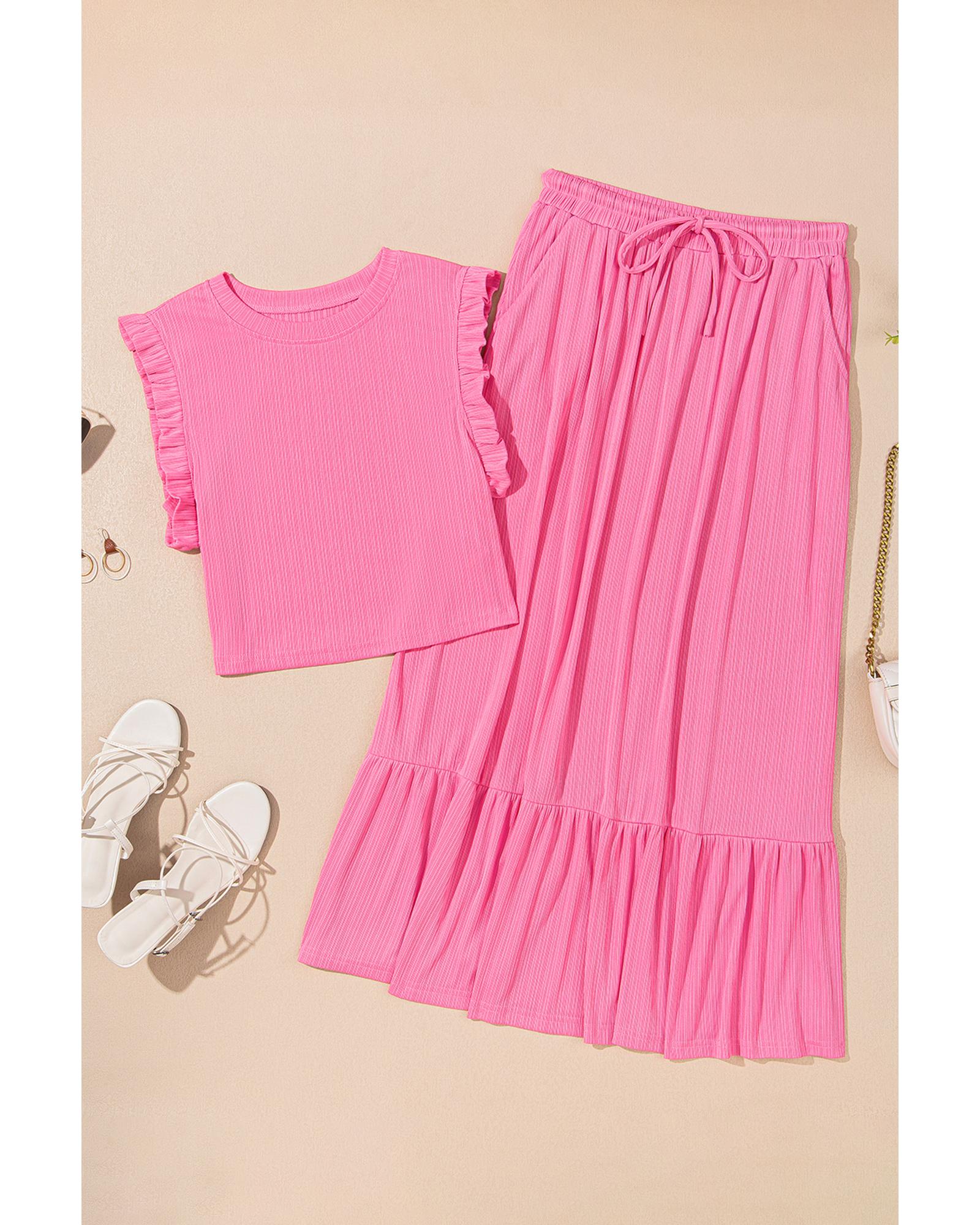 Bonbon Textured Ruffle Trim Crop Vest Lace-up Long Skirt Set - L