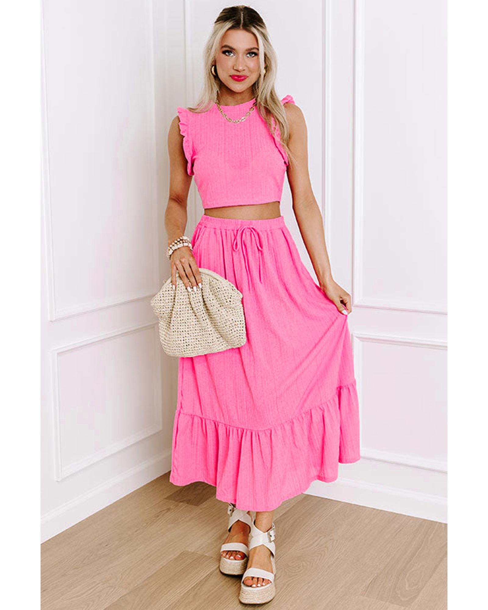 Bonbon Textured Ruffle Trim Crop Vest Lace-up Long Skirt Set - L
