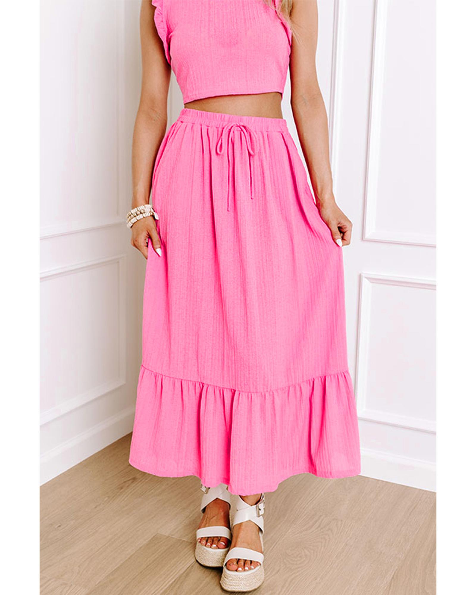 Bonbon Textured Ruffle Trim Crop Vest Lace-up Long Skirt Set - M