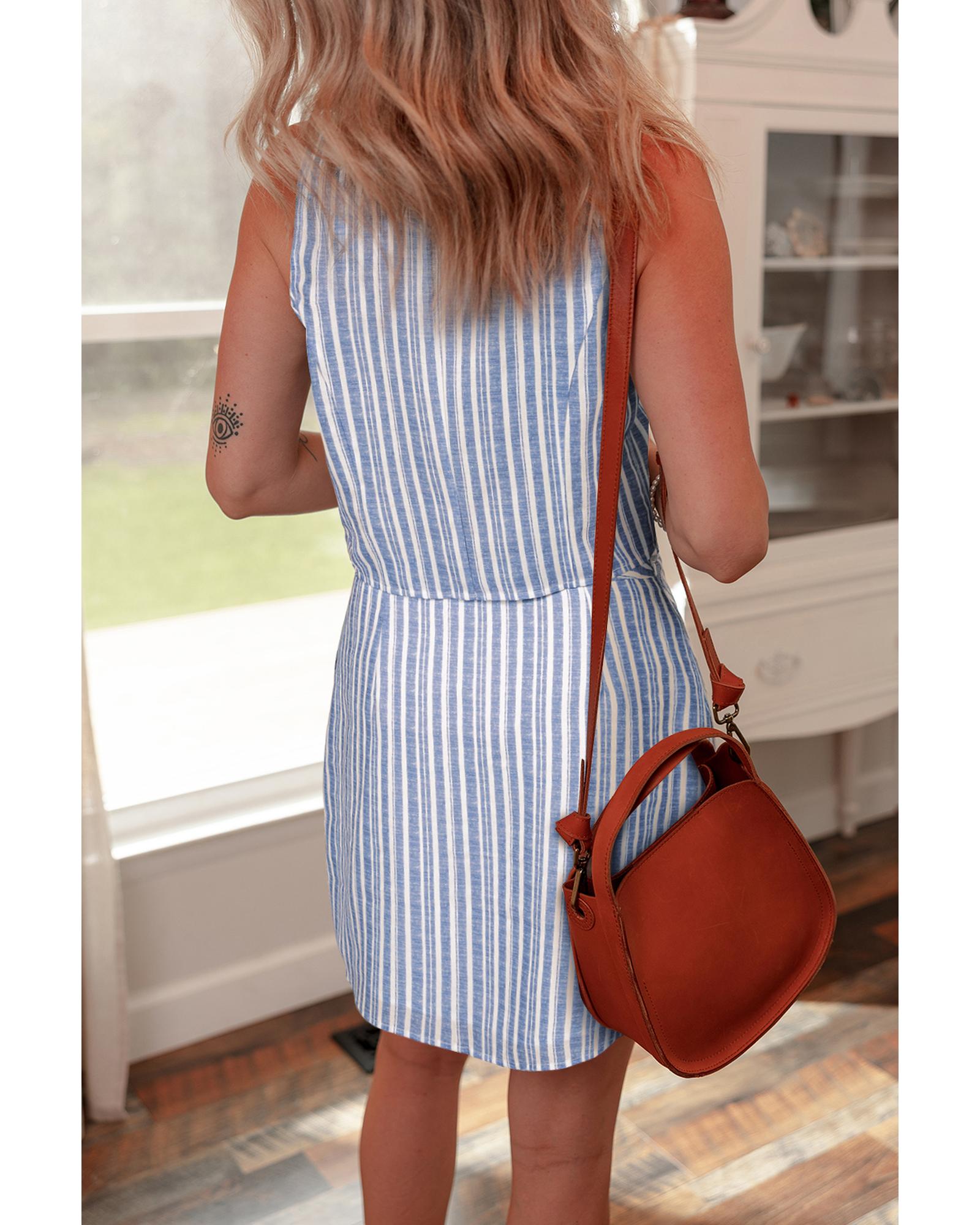 Sky Blue Stripe Buttoned Office Waistcoat Mini Skirt Set - L