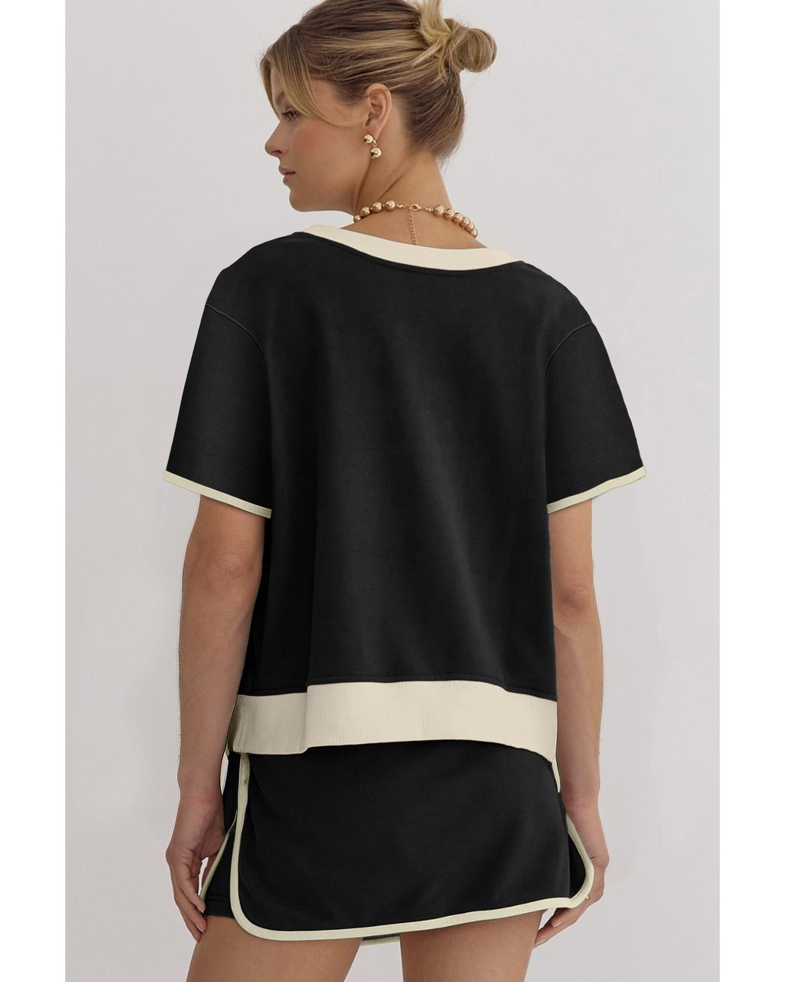 Black Colorblock Edge Drop Shoulder T Shirt and Skort 2Pcs Set - XL
