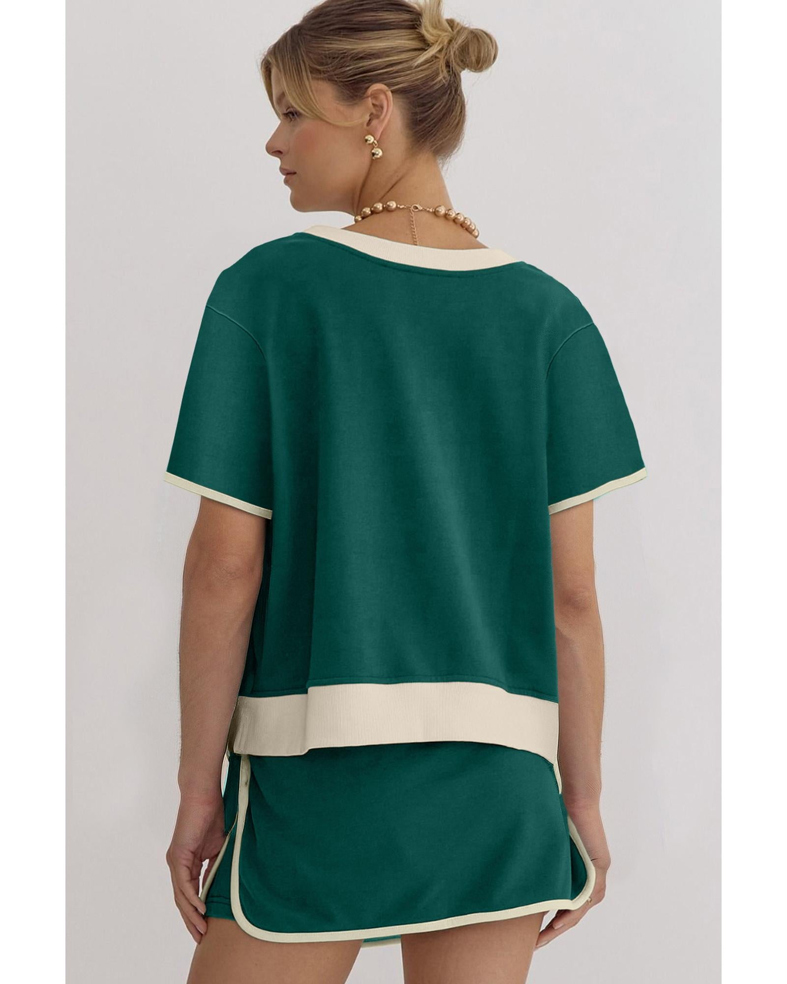 Evergreen Colorblock Edge Drop Shoulder T Shirt and Skirt 2Pcs Set - L