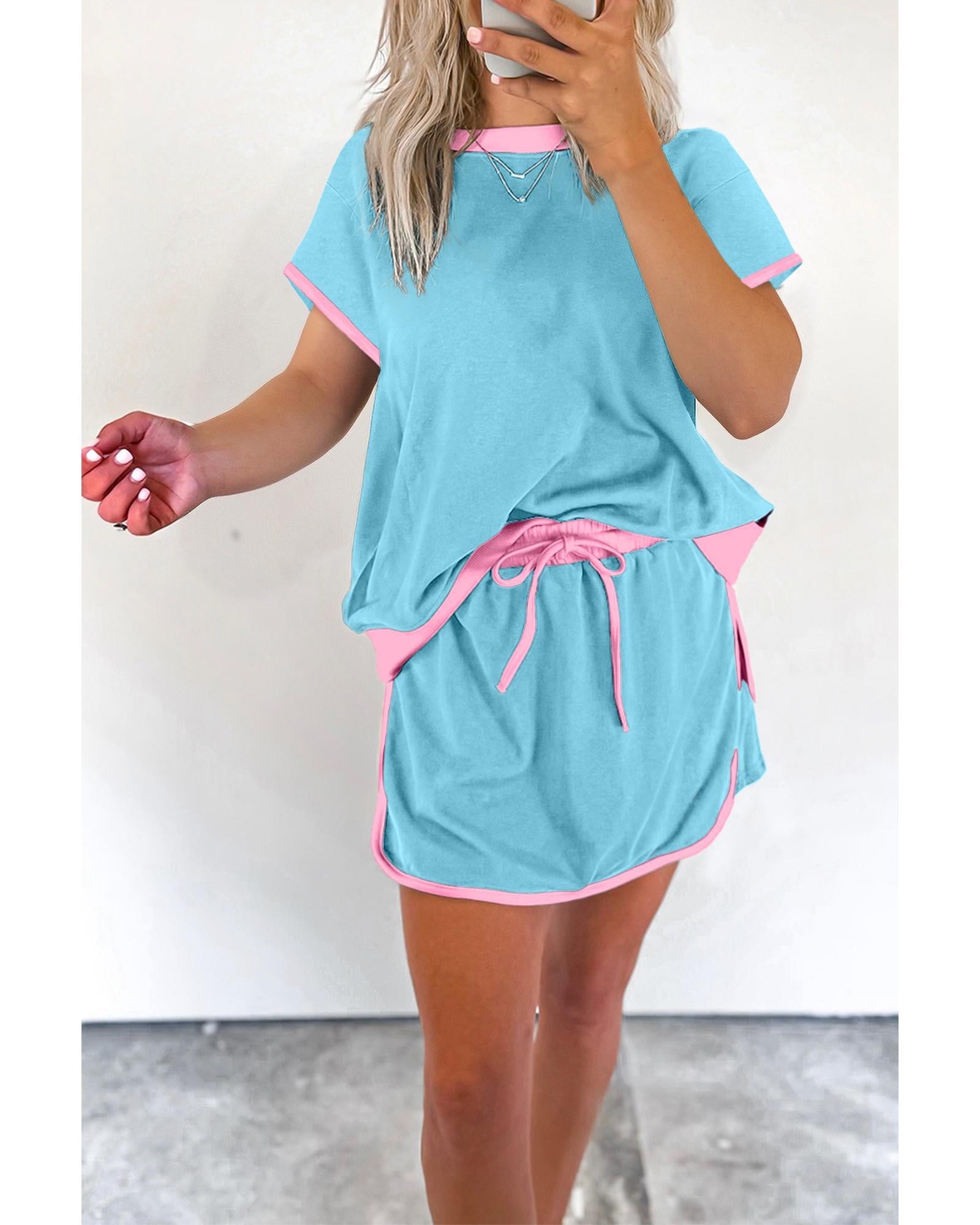 Turquoise Colorblock Edge Drop Shoulder T Shirt and Skirt 2Pcs Set - S