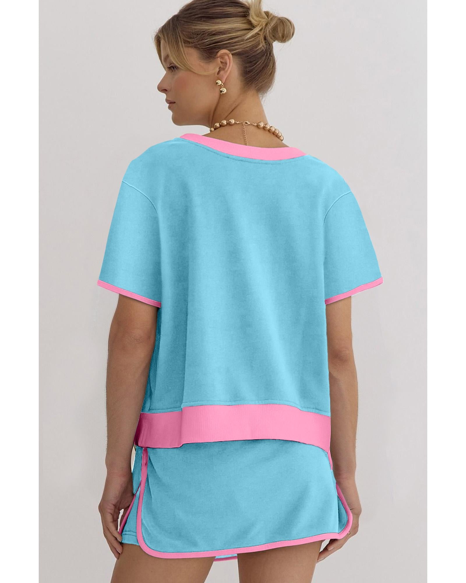 Turquoise Colorblock Edge Drop Shoulder T Shirt and Skirt 2Pcs Set - XL