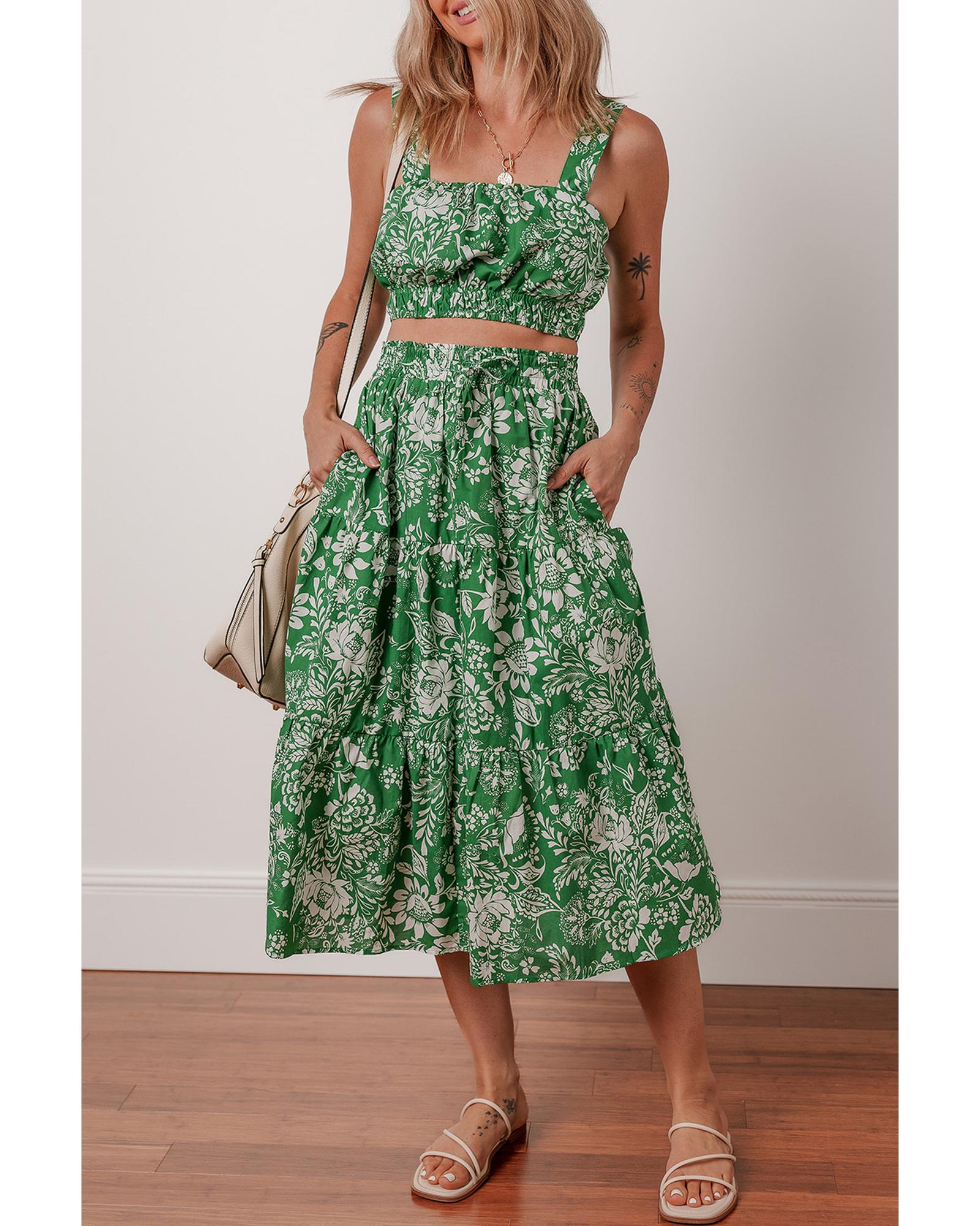 Green Floral Print Shirred Crop Top and High Waist Midi Skirt Set - L