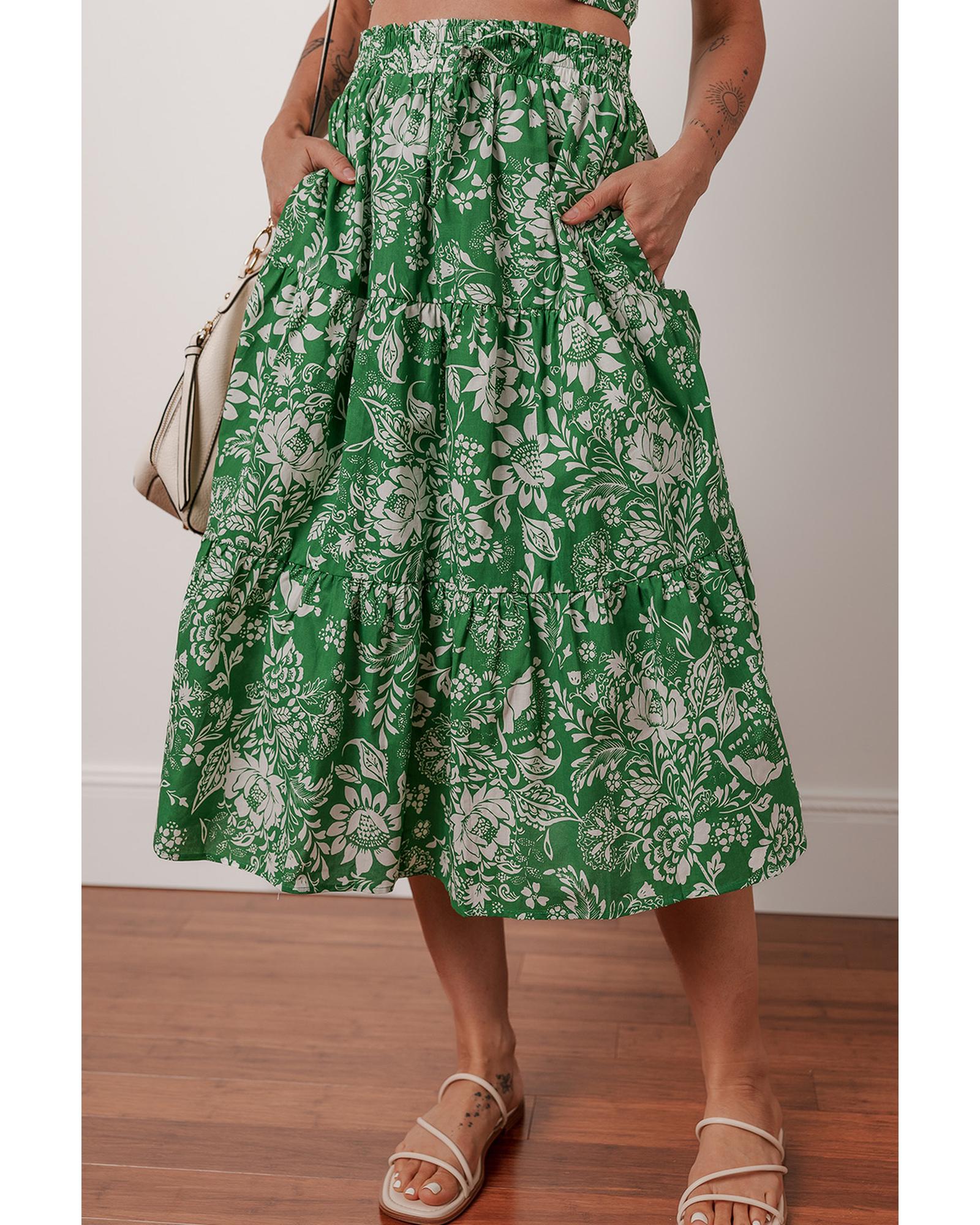 Green Floral Print Shirred Crop Top and High Waist Midi Skirt Set - L