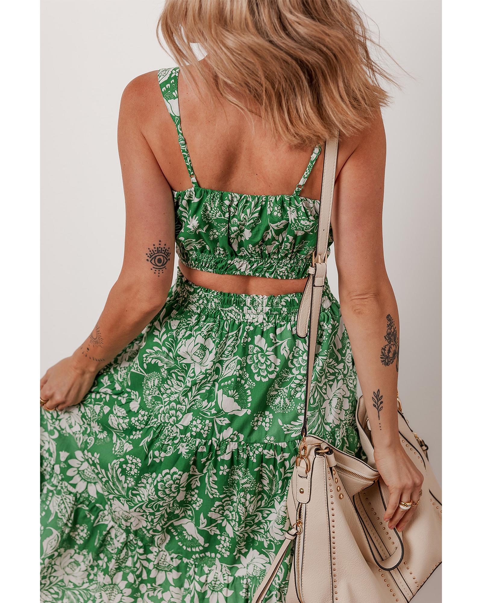 Green Floral Print Shirred Crop Top and High Waist Midi Skirt Set - XL