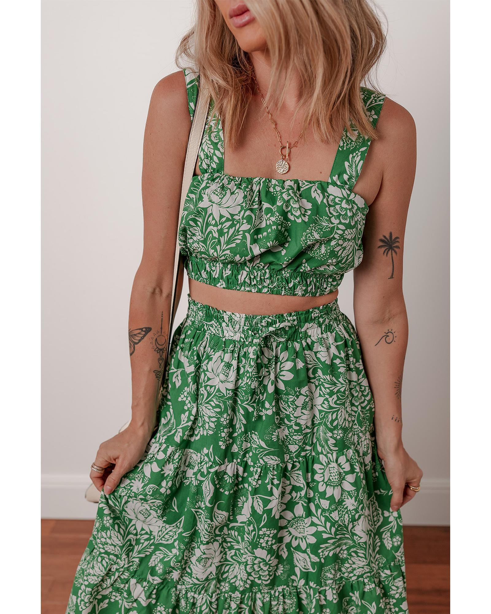 Green Floral Print Shirred Crop Top and High Waist Midi Skirt Set - XL