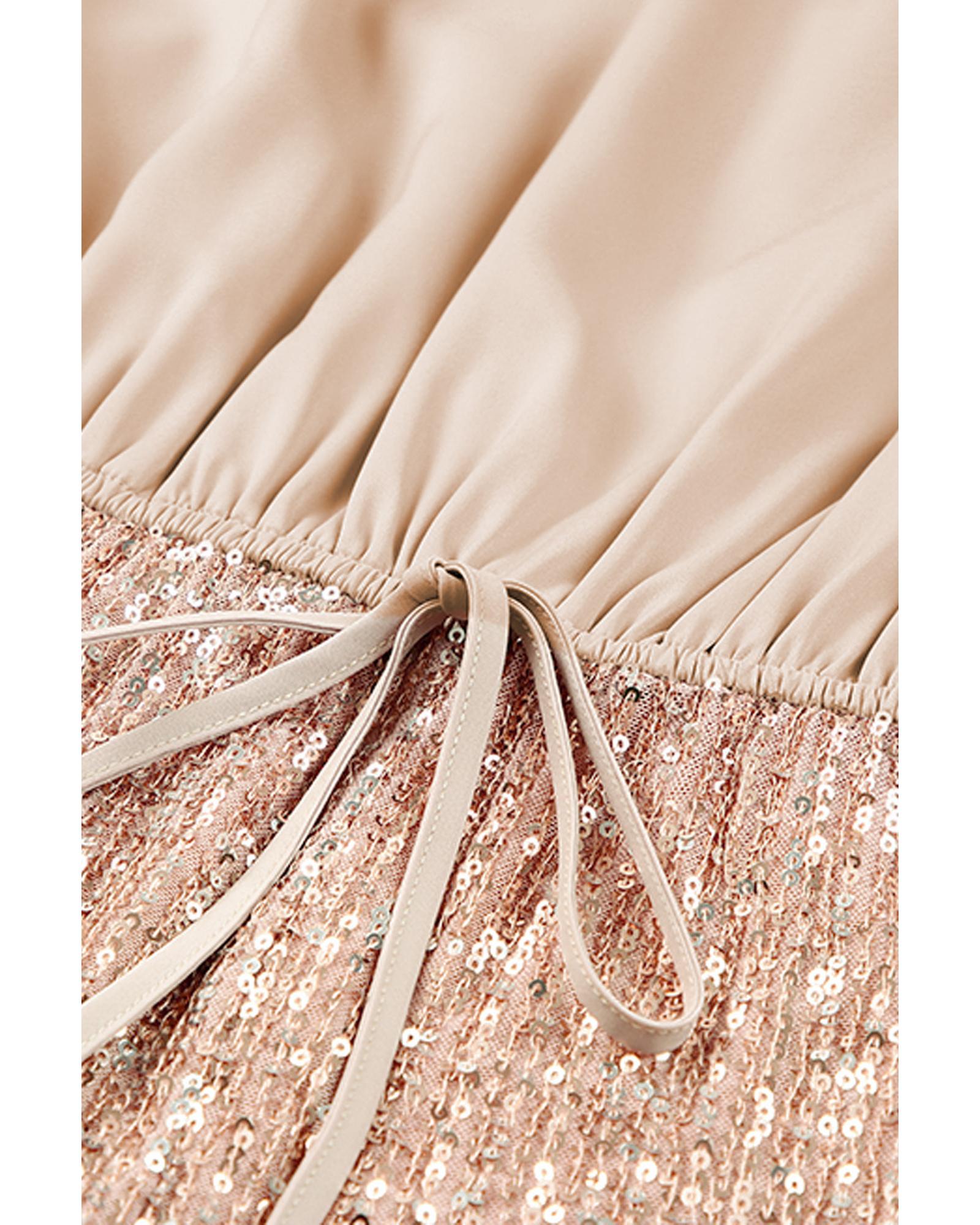 Azura Exchange Khaki Sequin Patchwork Drawstring High Waist Romper - S