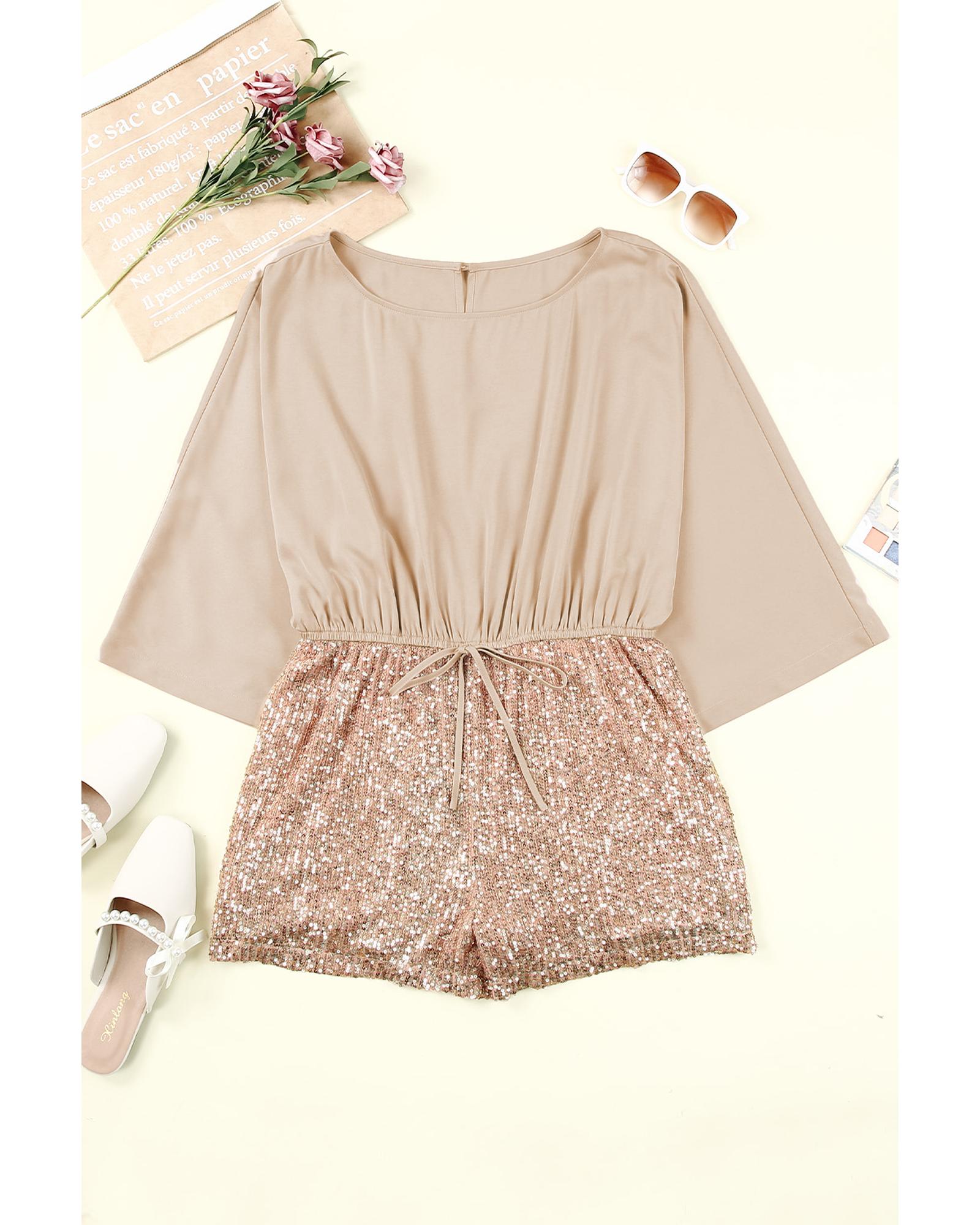 Azura Exchange Khaki Sequin Patchwork Drawstring High Waist Romper - XL