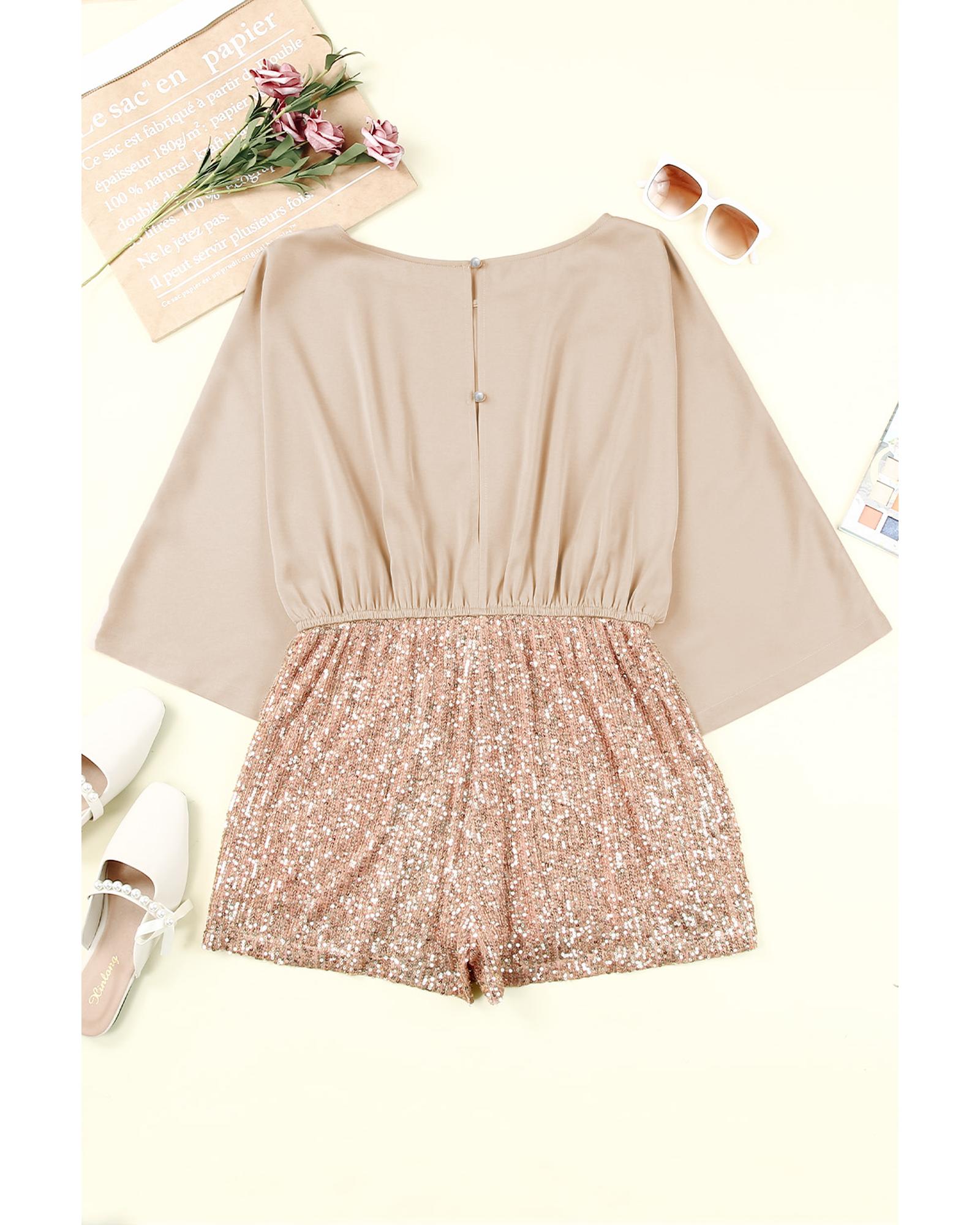 Azura Exchange Khaki Sequin Patchwork Drawstring High Waist Romper - XL