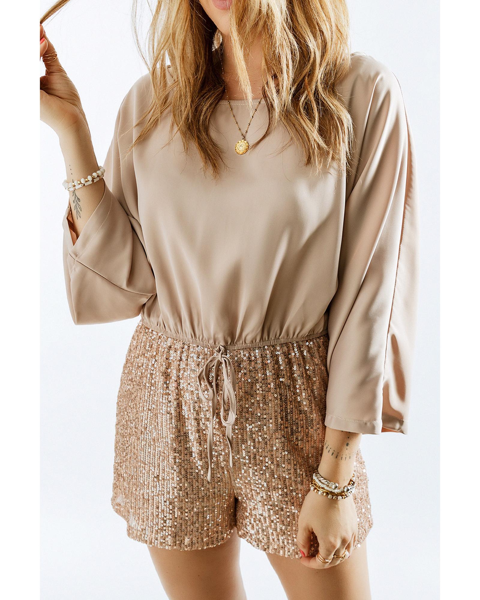 Azura Exchange Khaki Sequin Patchwork Drawstring High Waist Romper - XL