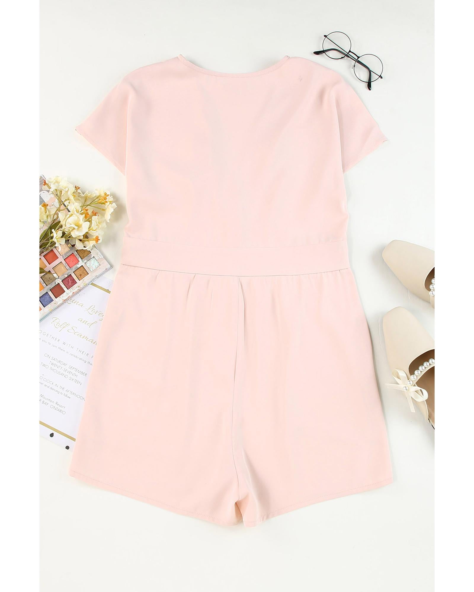 Azura Exchange Pink Deep V Neck Buttoned High Waist Romper - L