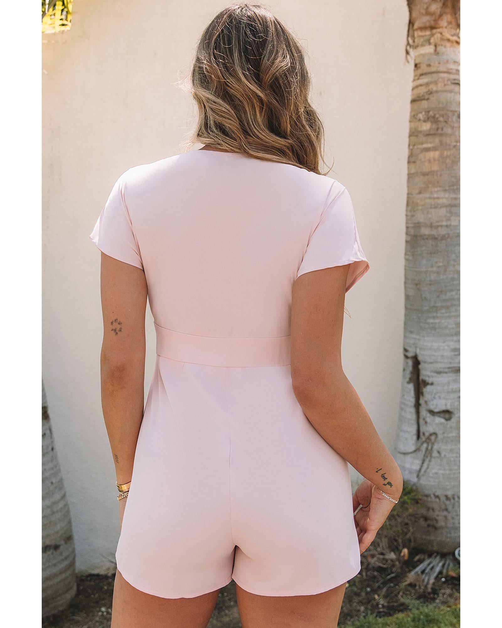 Azura Exchange Pink Deep V Neck Buttoned High Waist Romper - M