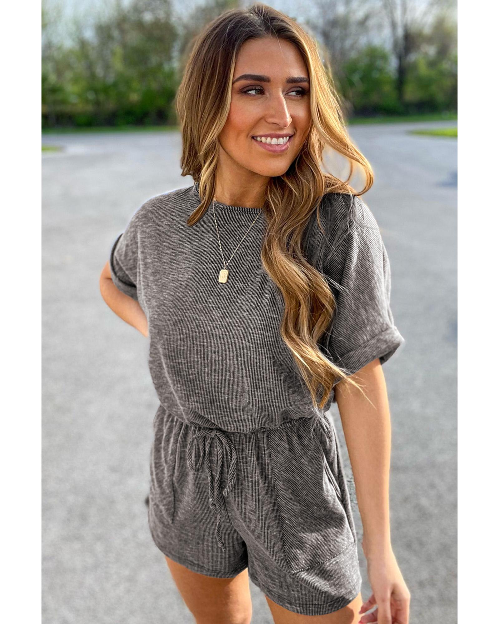 Gray Ribbed Elastic Waist Romper - L