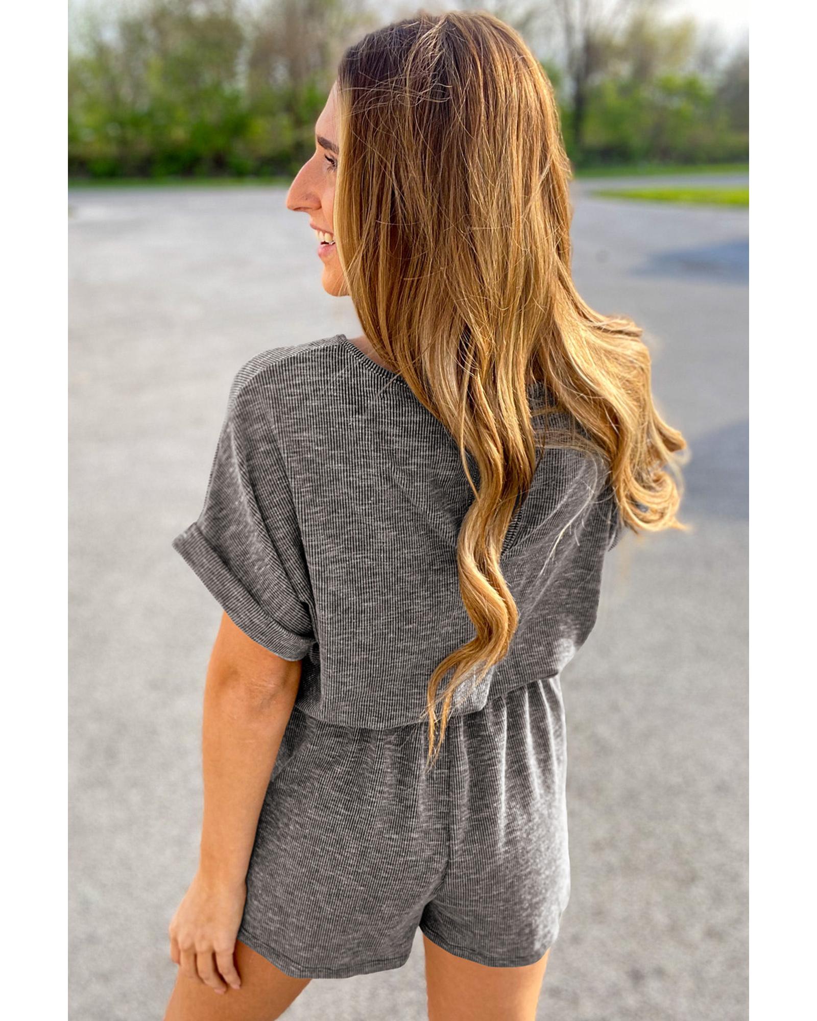 Gray Ribbed Elastic Waist Romper - L