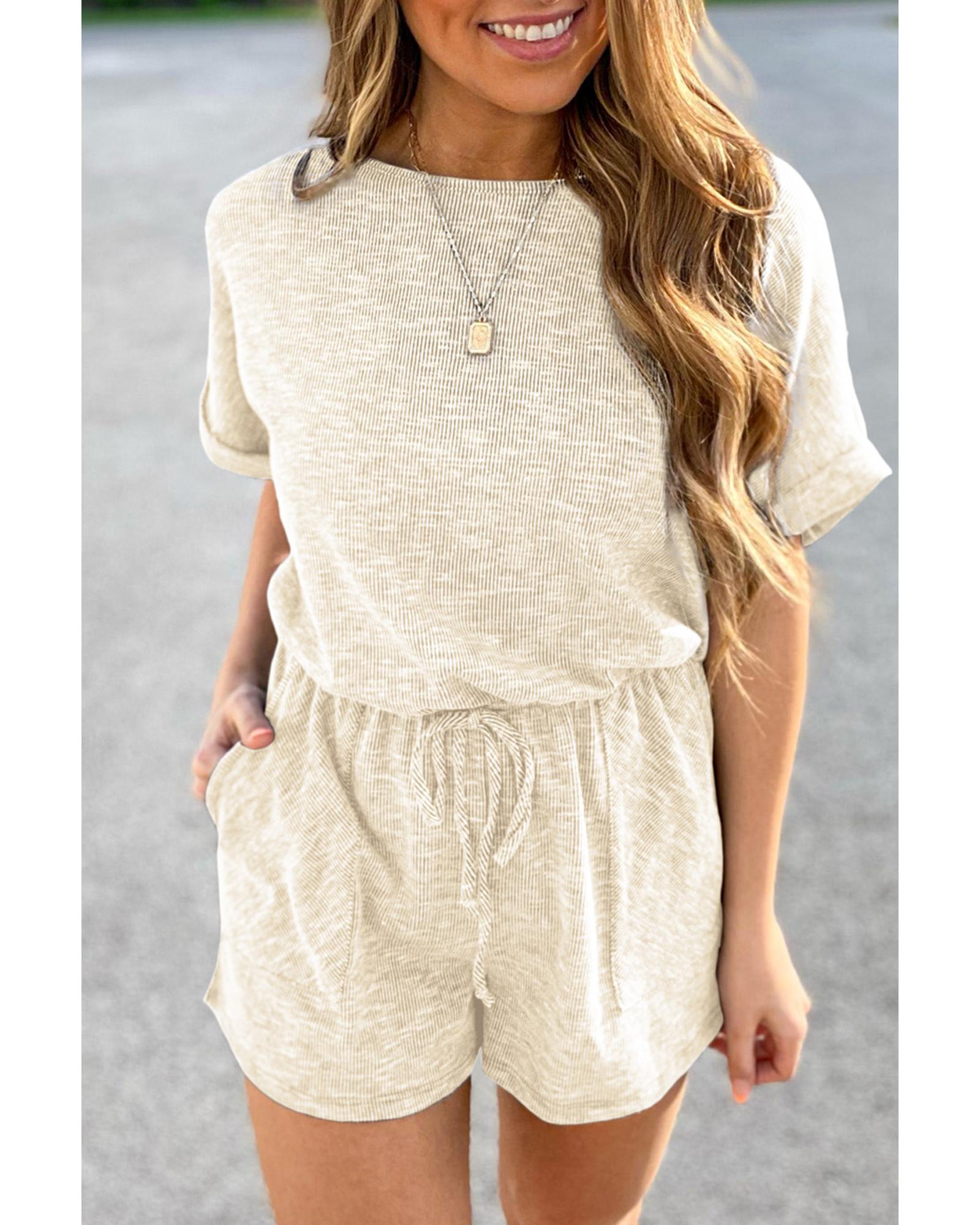 Azura Exchange Beige Ribbed Elastic Waist Romper - L