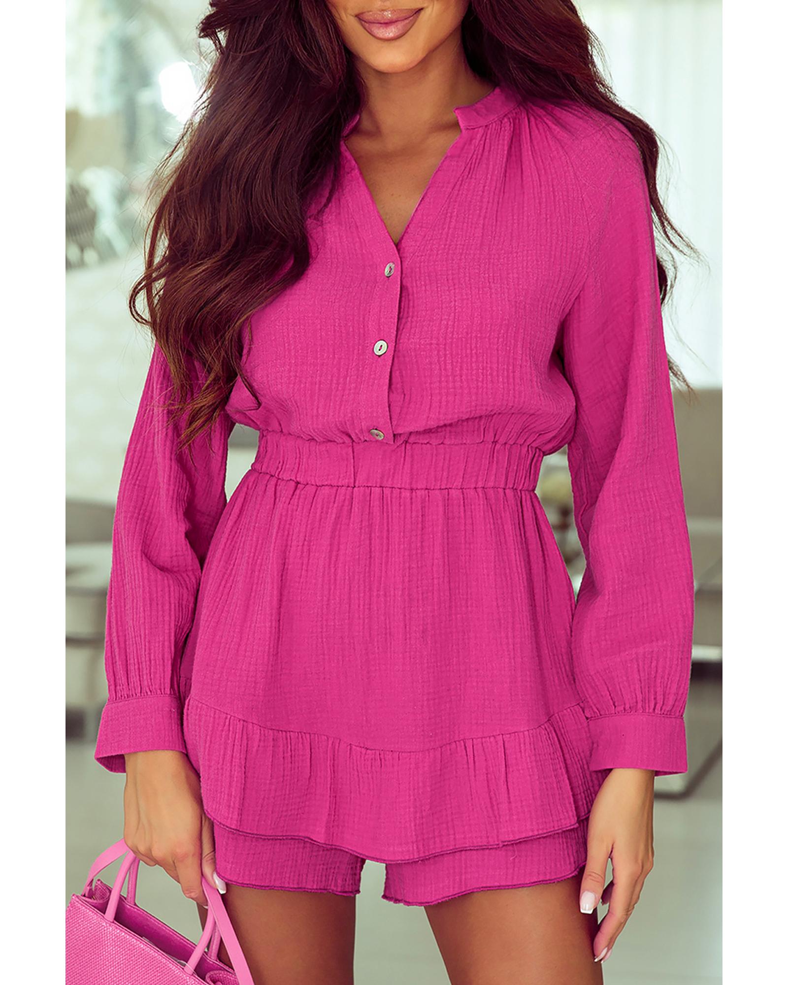 Azura Exchange Rose Textured Tiered Ruffled Buttoned Long Sleeve Romper - L