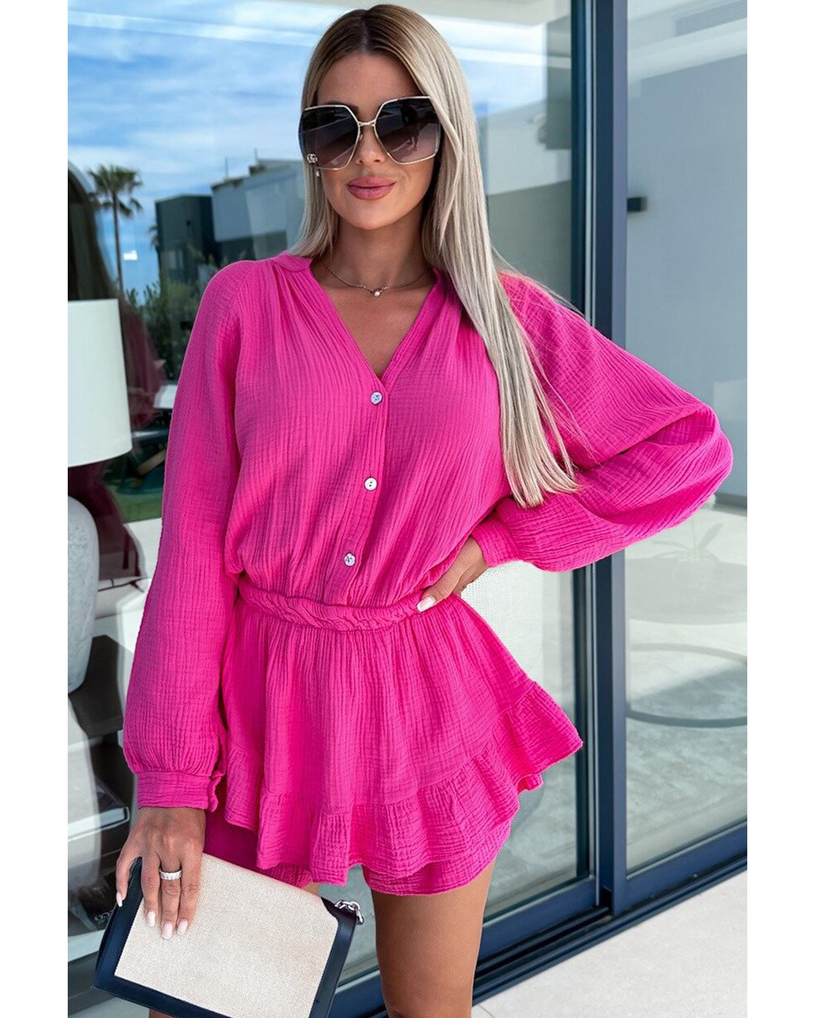 Azura Exchange Rose Textured Tiered Ruffled Buttoned Long Sleeve Romper - M