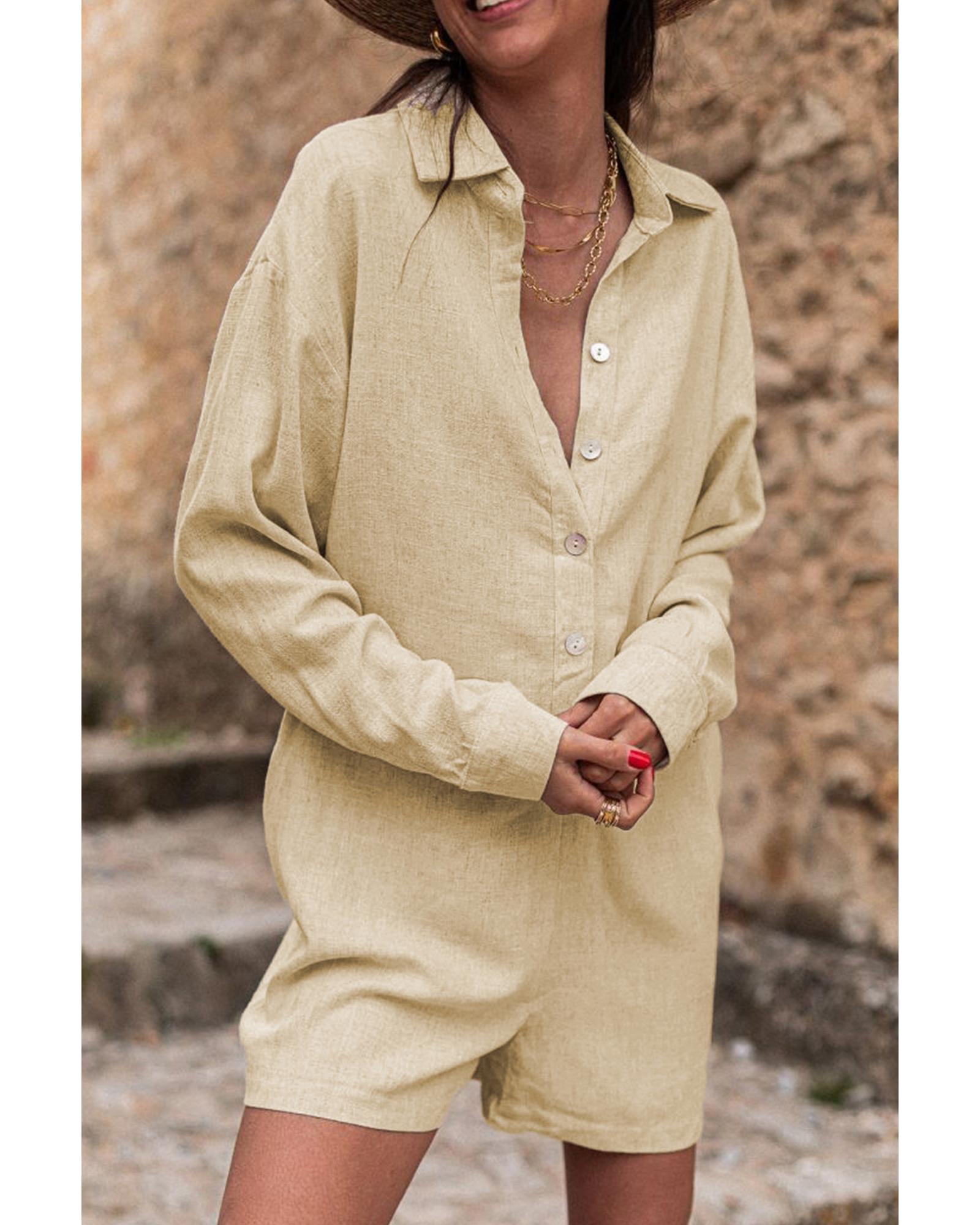 Half Button Shirt Collar Long Sleeve Loose Romper - XL