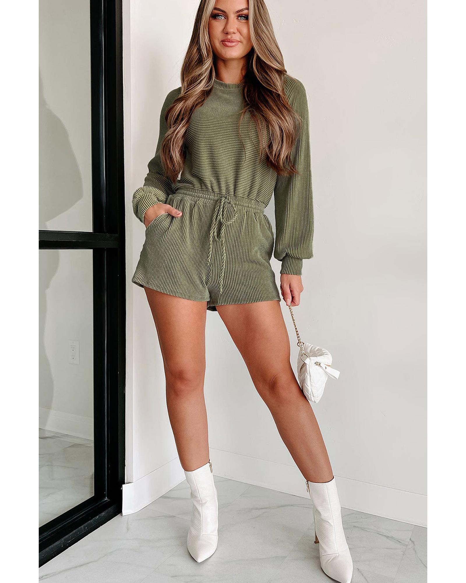 Pickle Green Corded Pullover Long Sleeve Drawstring Romper - L
