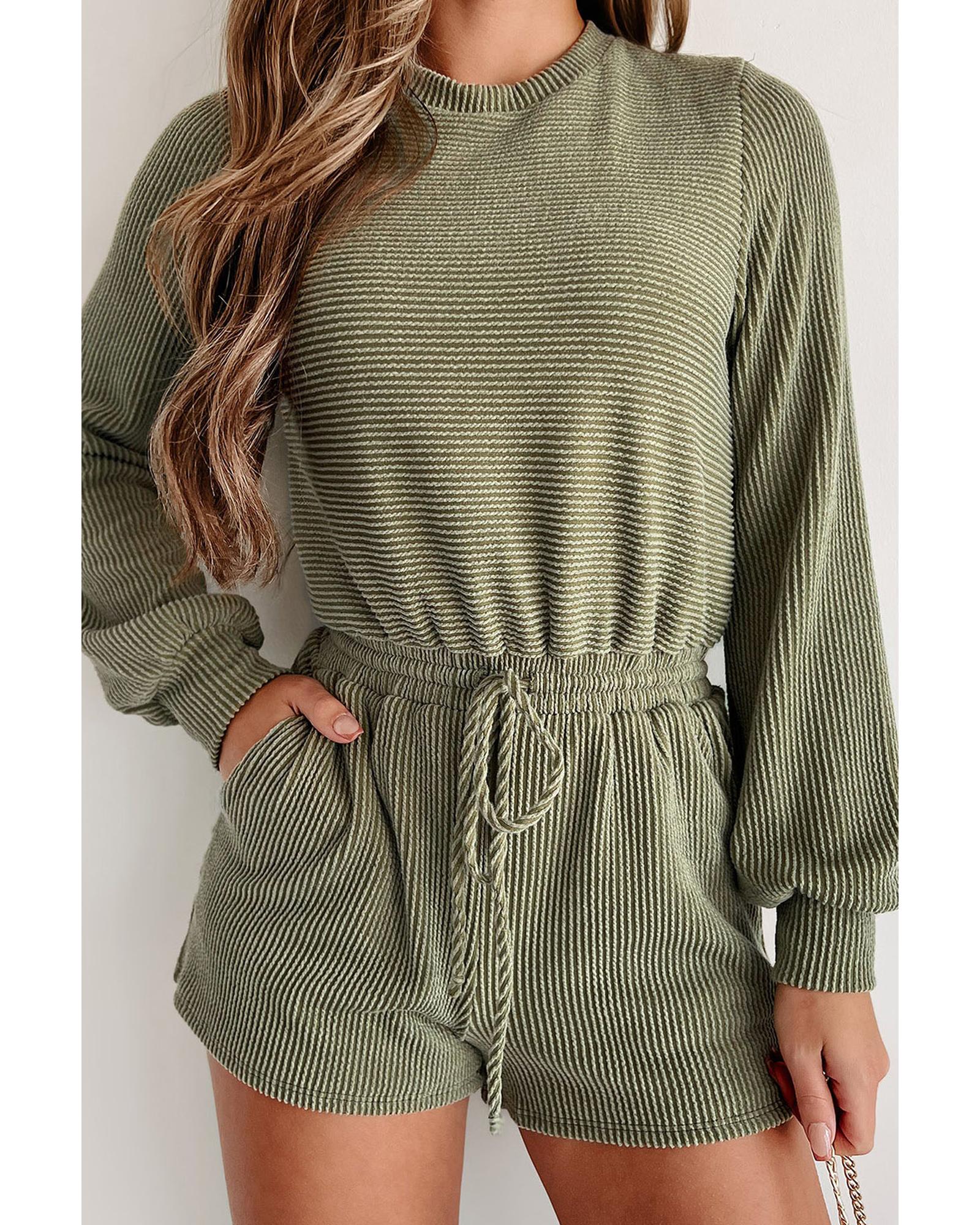 Pickle Green Corded Pullover Long Sleeve Drawstring Romper - L