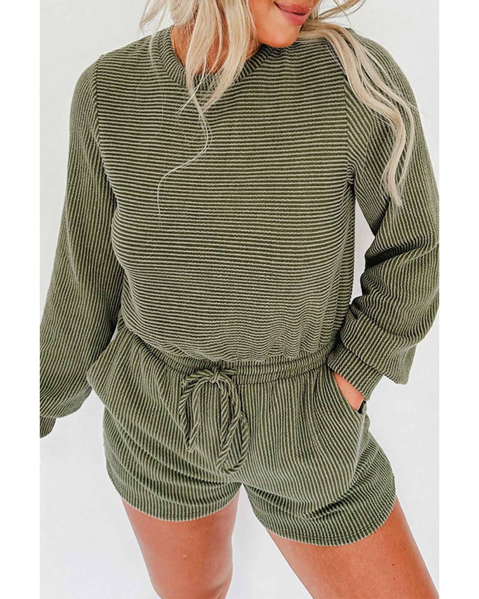 Pickle Green Corded Pullover Long Sleeve Drawstring Romper - L