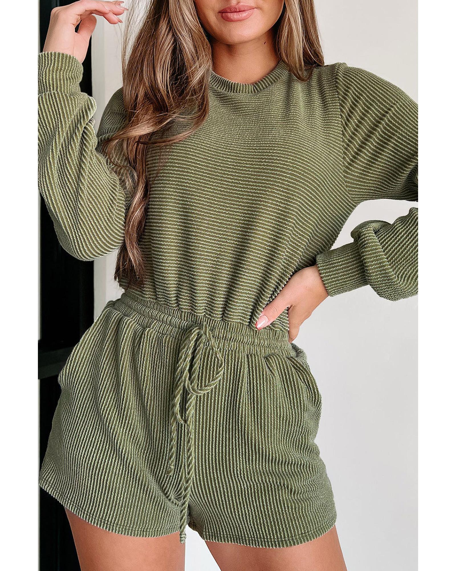 Pickle Green Corded Pullover Long Sleeve Drawstring Romper - L