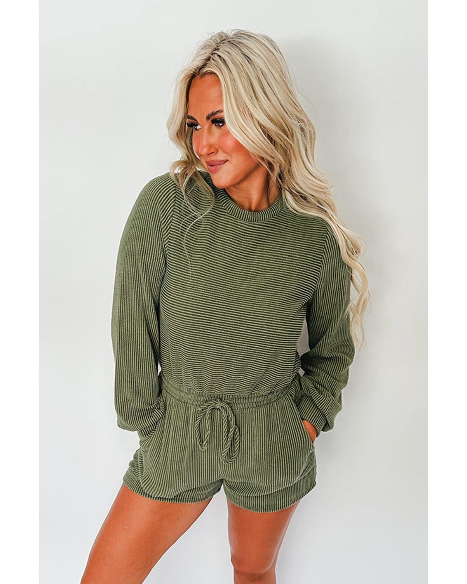 Pickle Green Corded Pullover Long Sleeve Drawstring Romper - L