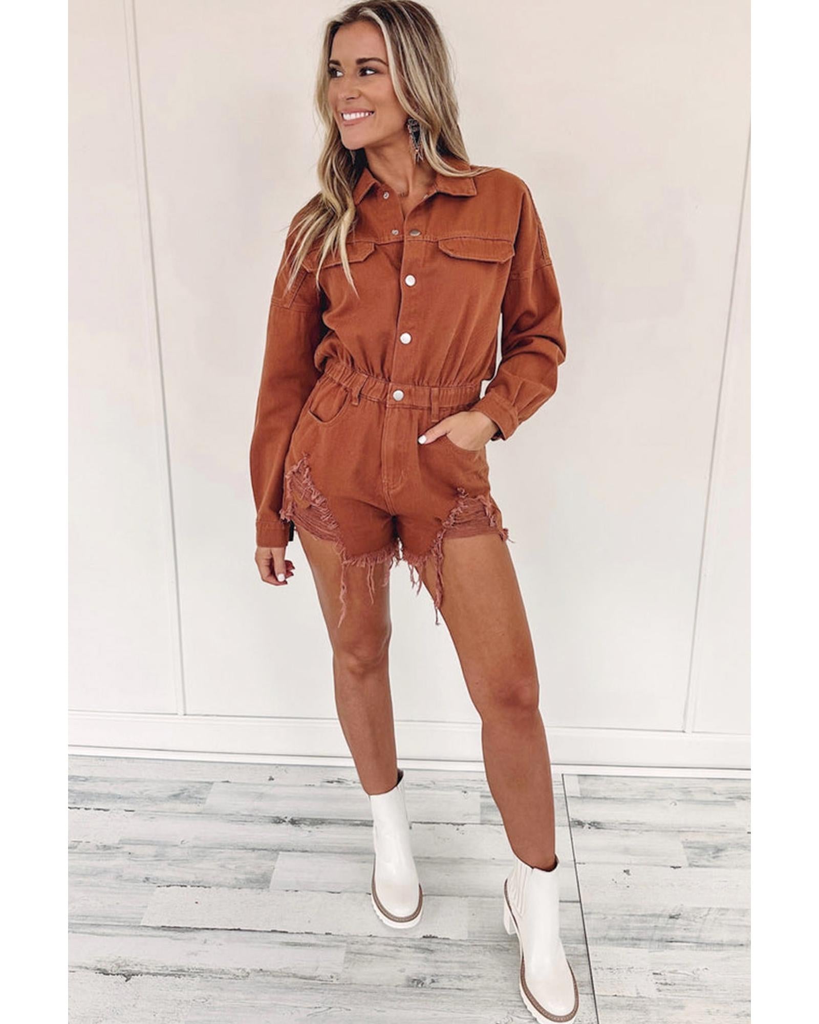 Gold Flame Long Sleeve Snap Buttons Distressed Denim Romper - L