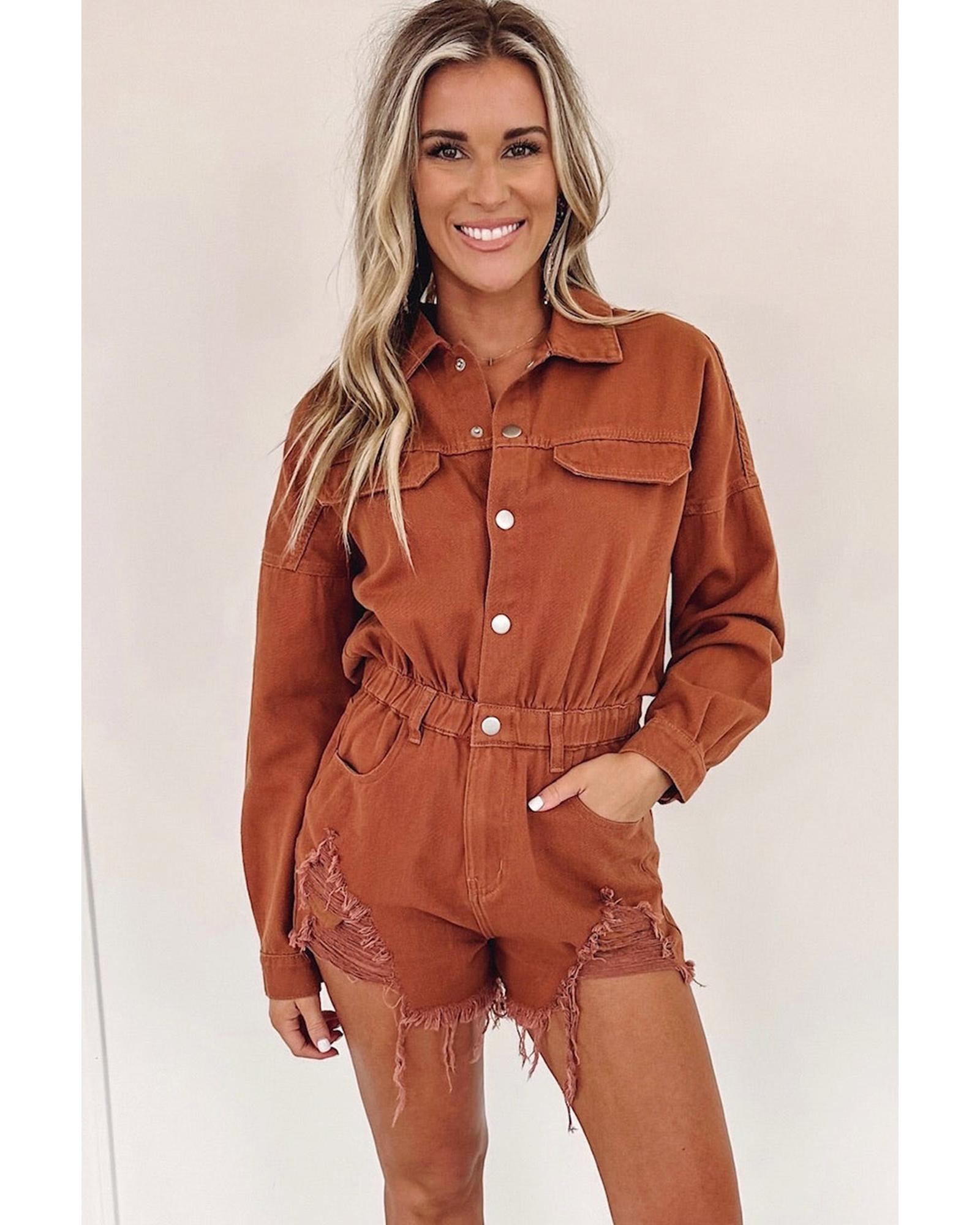 Gold Flame Long Sleeve Snap Buttons Distressed Denim Romper - XL