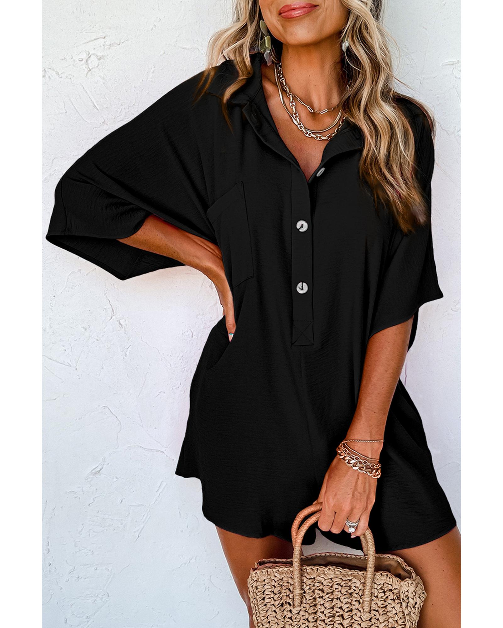 Black Half Button Collared Loose Romper - XL